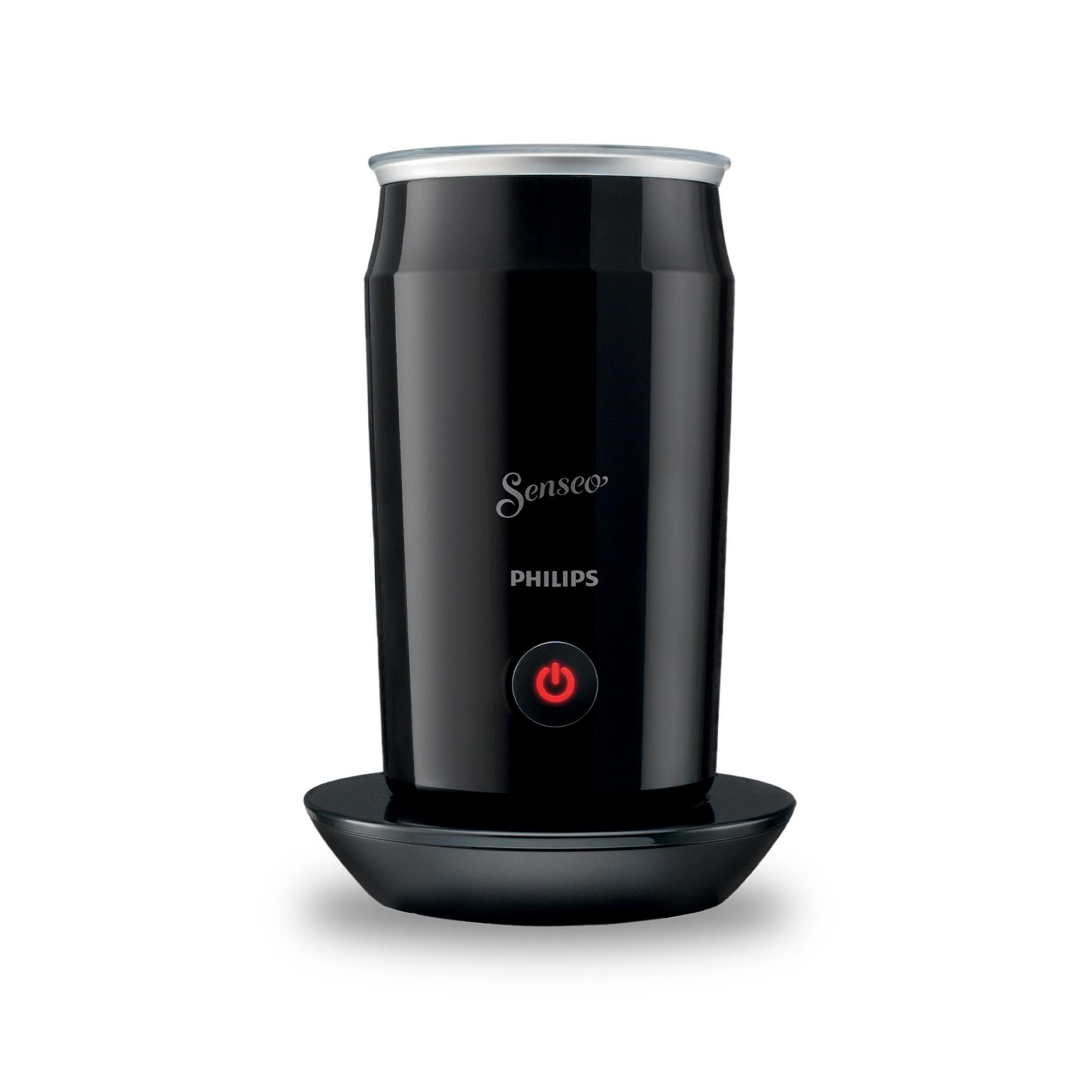Czarny spieniacz do mleka Senseo z czerwonym przyciskiem zasilania na czarnej podstawie.