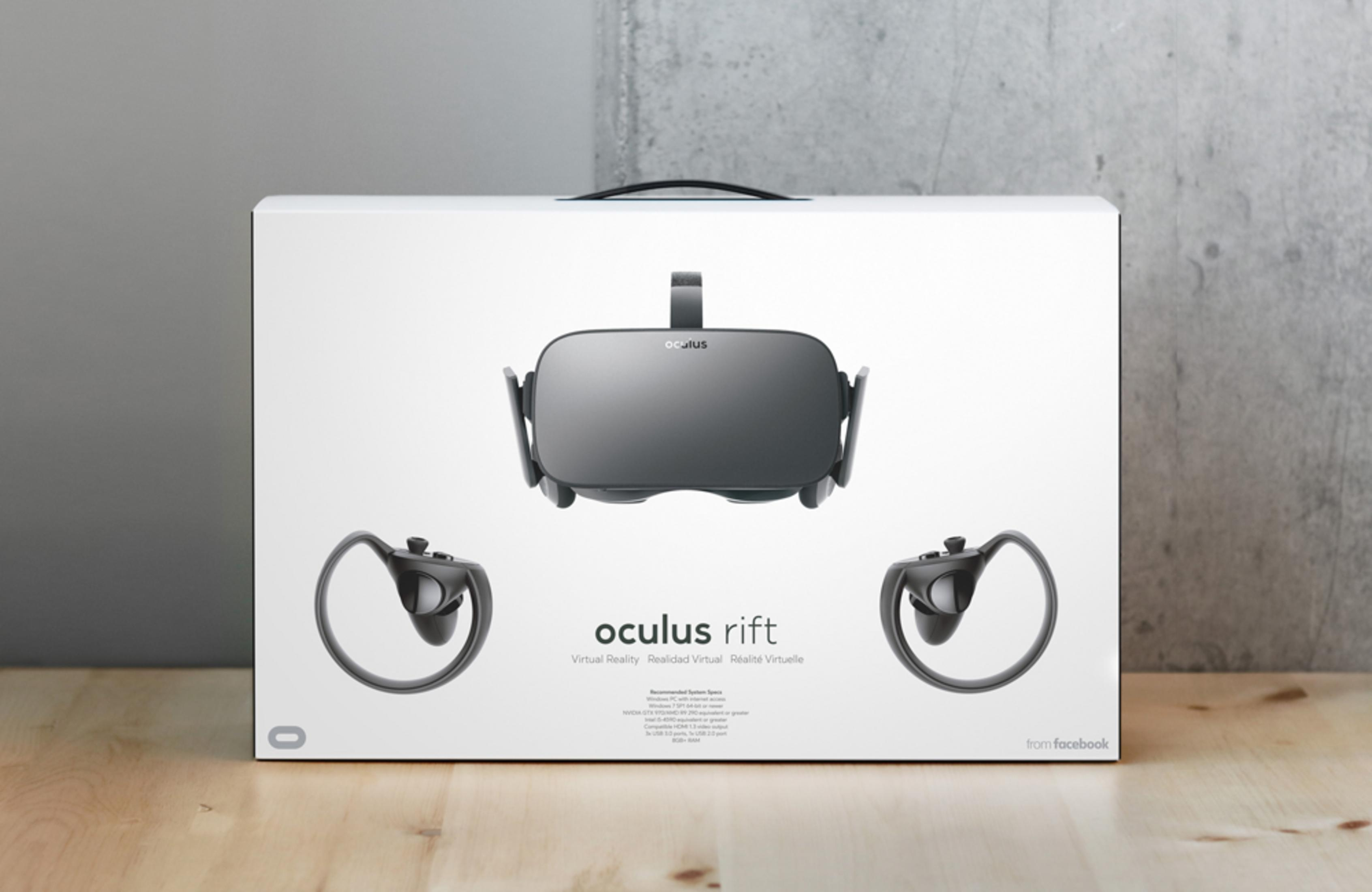 Ein Oculus Rift VR-Headset und Controller in einer weißen Box mit Produktdetails.