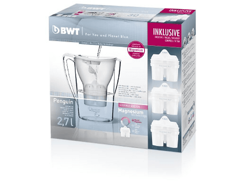 BWT 815079 2,7L PENGUIN WEISS + 3 KARTUSCHEN Wasserfilter, Weiß/Transparent