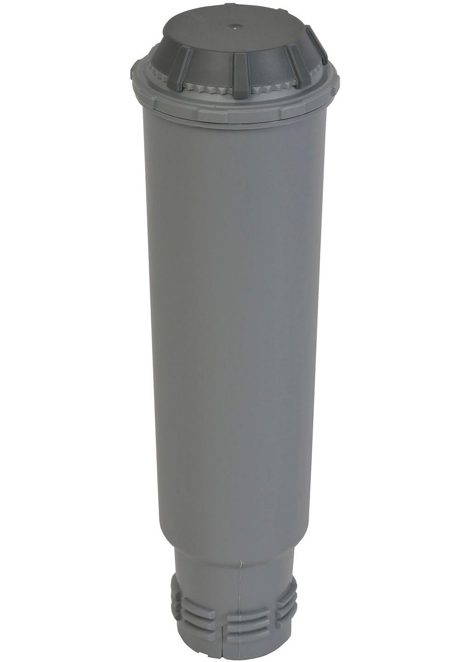 Wysoki, szary wkład filtra wody, o kształcie cylindrycznym, z żebrowaną górą i dołem.