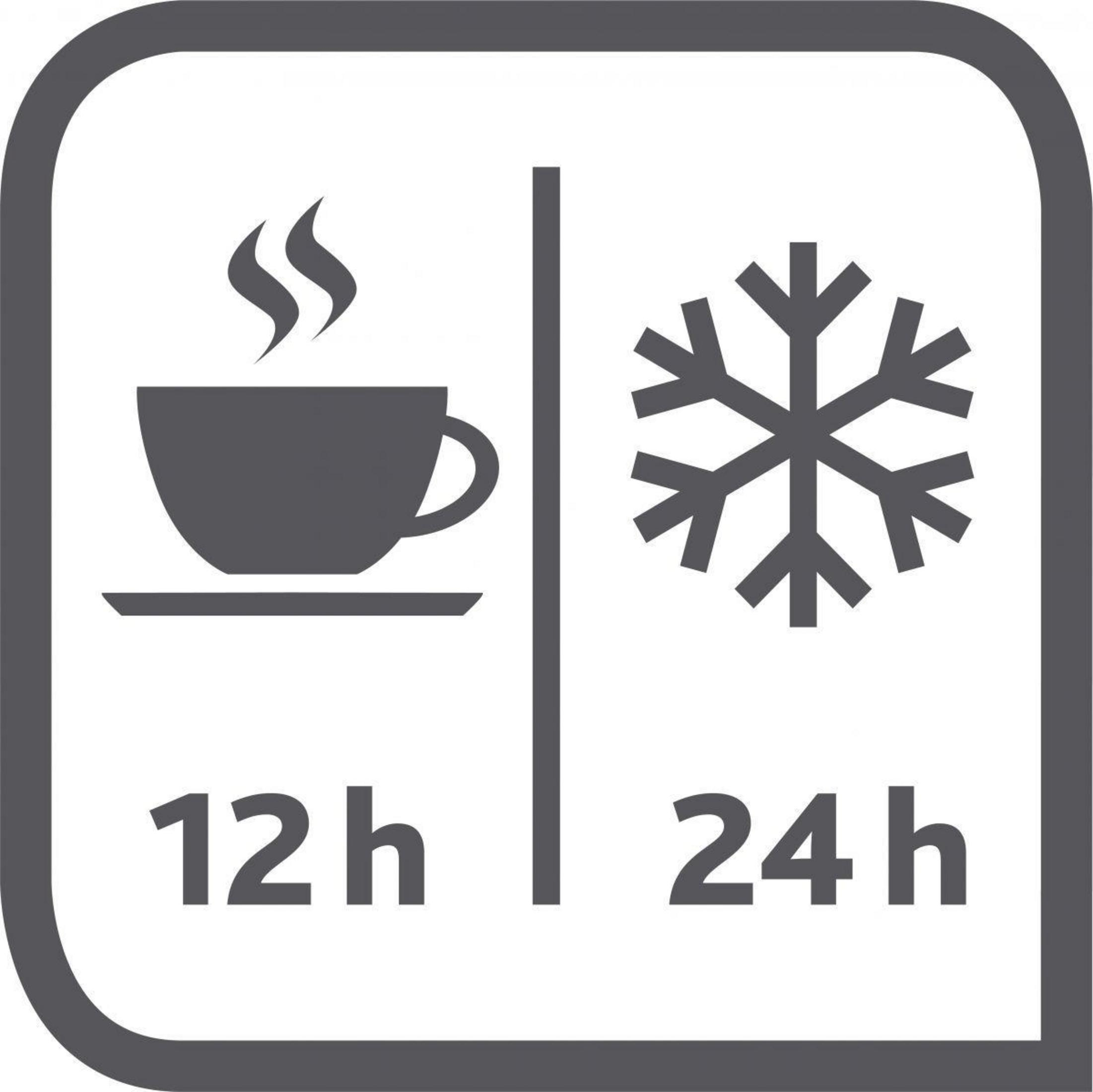Ein schwarz-weißes Symbol mit einer Kaffeetasse und Schneeflocke, mit einer Zeitdauer von 12 und 24 Stunden.