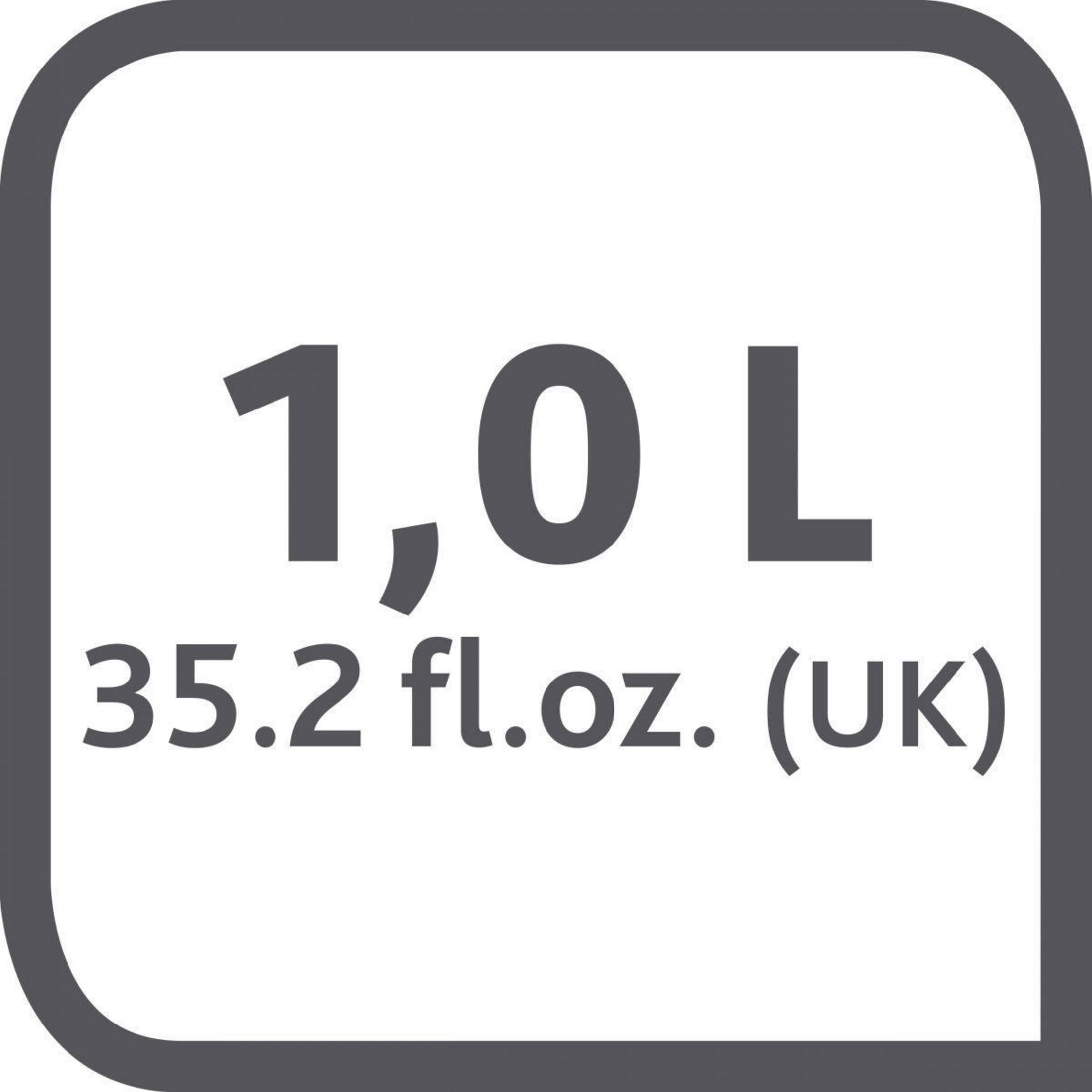 Ein graues Quadrat mit dem Text "1,0 L 35,2 fl.oz. (UK)" darauf.