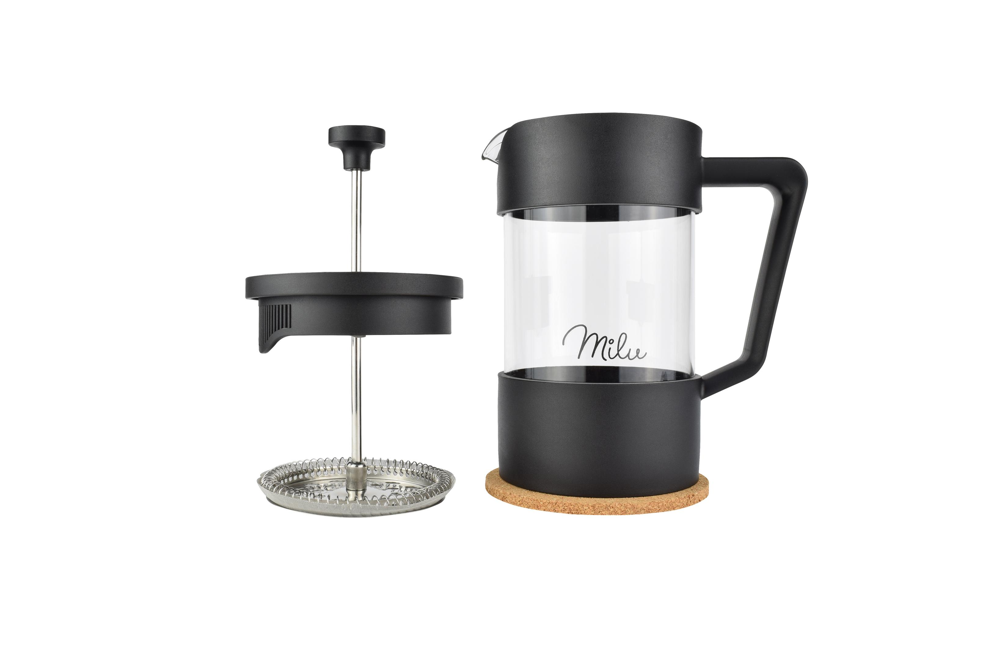 Ein schwarzer French-Press-Kaffeezubereiter mit Glaskaraffe und Korksockel.