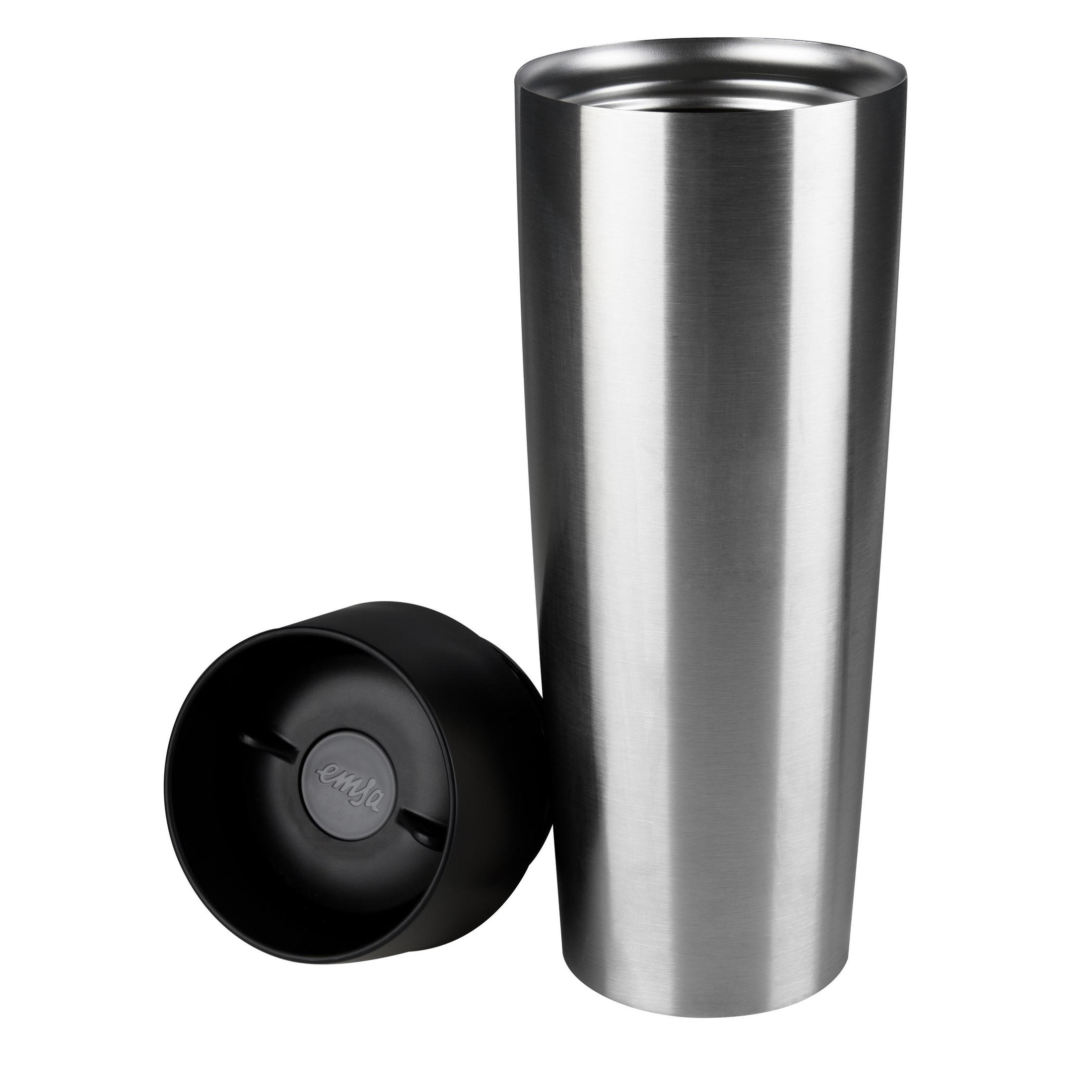 Silberne und schwarze Thermoskanne, Deckel ab, weißer Hintergrund.