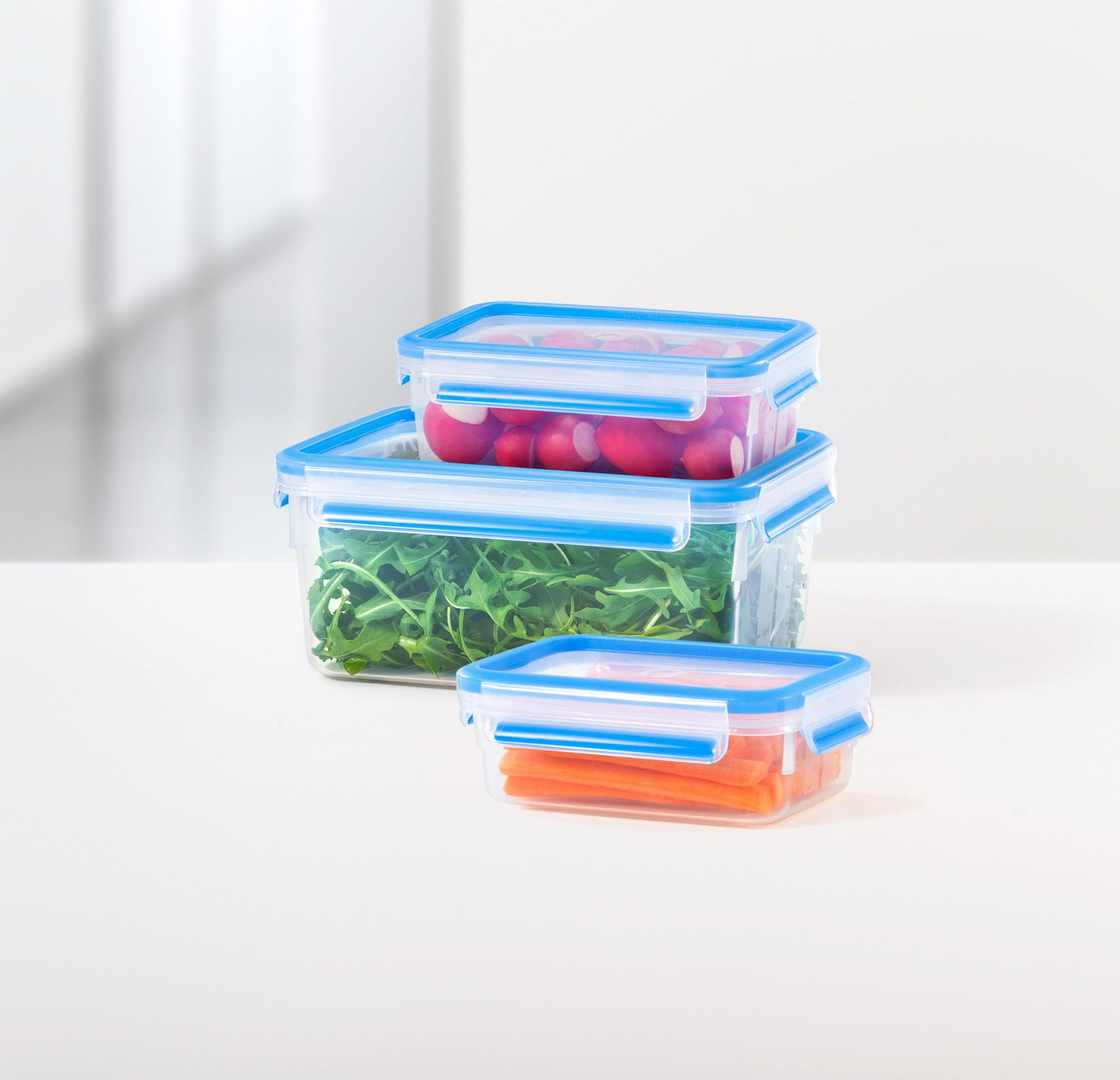 Drei transparente Lebensmittelbehälter mit blauen Deckeln. Gefüllt mit Radieschen, Rucola und Karotten.