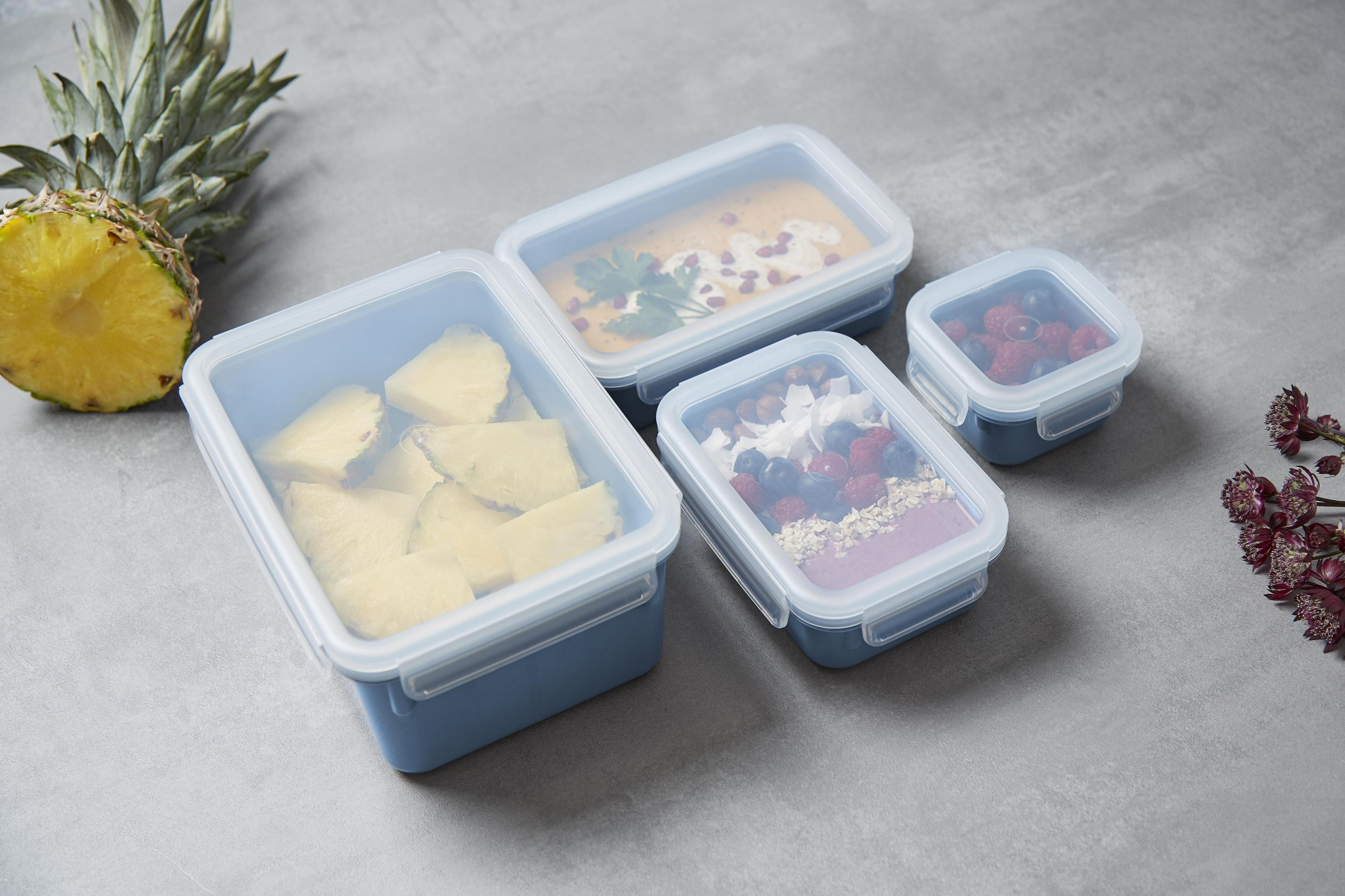 Vier blaue Lebensmittelbehälter mit Deckeln, die jeweils Essen enthalten. Ananas, Suppe und Beeren sind sichtbar.
