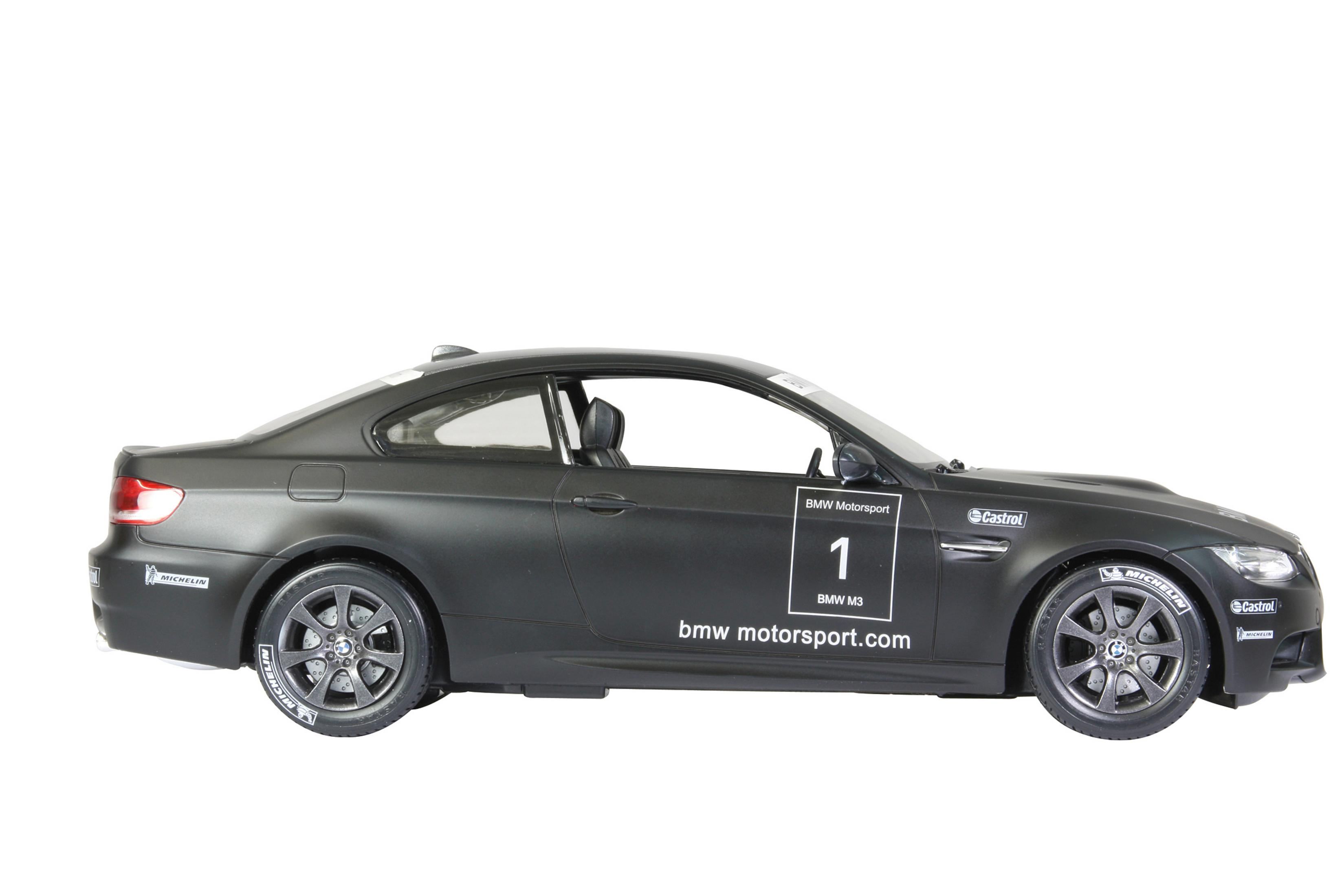 Czarny model samochodu BMW M3. Samochód ma numer 1 i etykiety sponsorów.