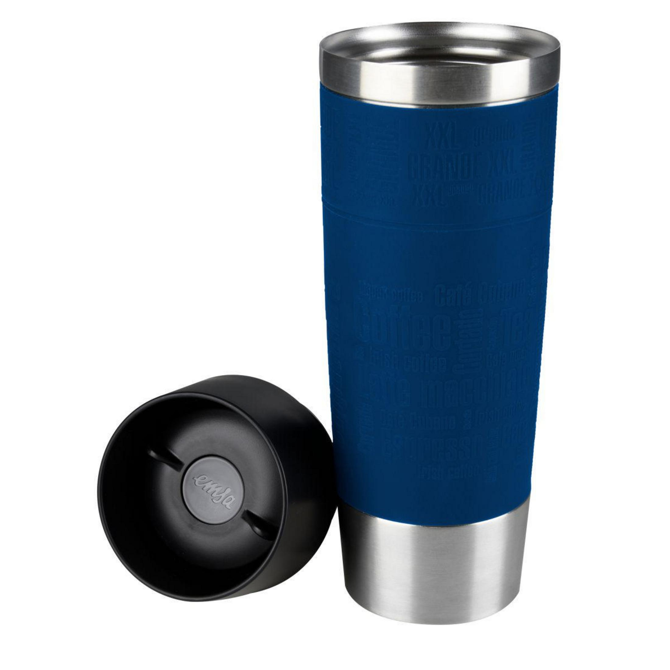 Blau-silberner isolierter Reisebecher mit schwarzem Deckel.