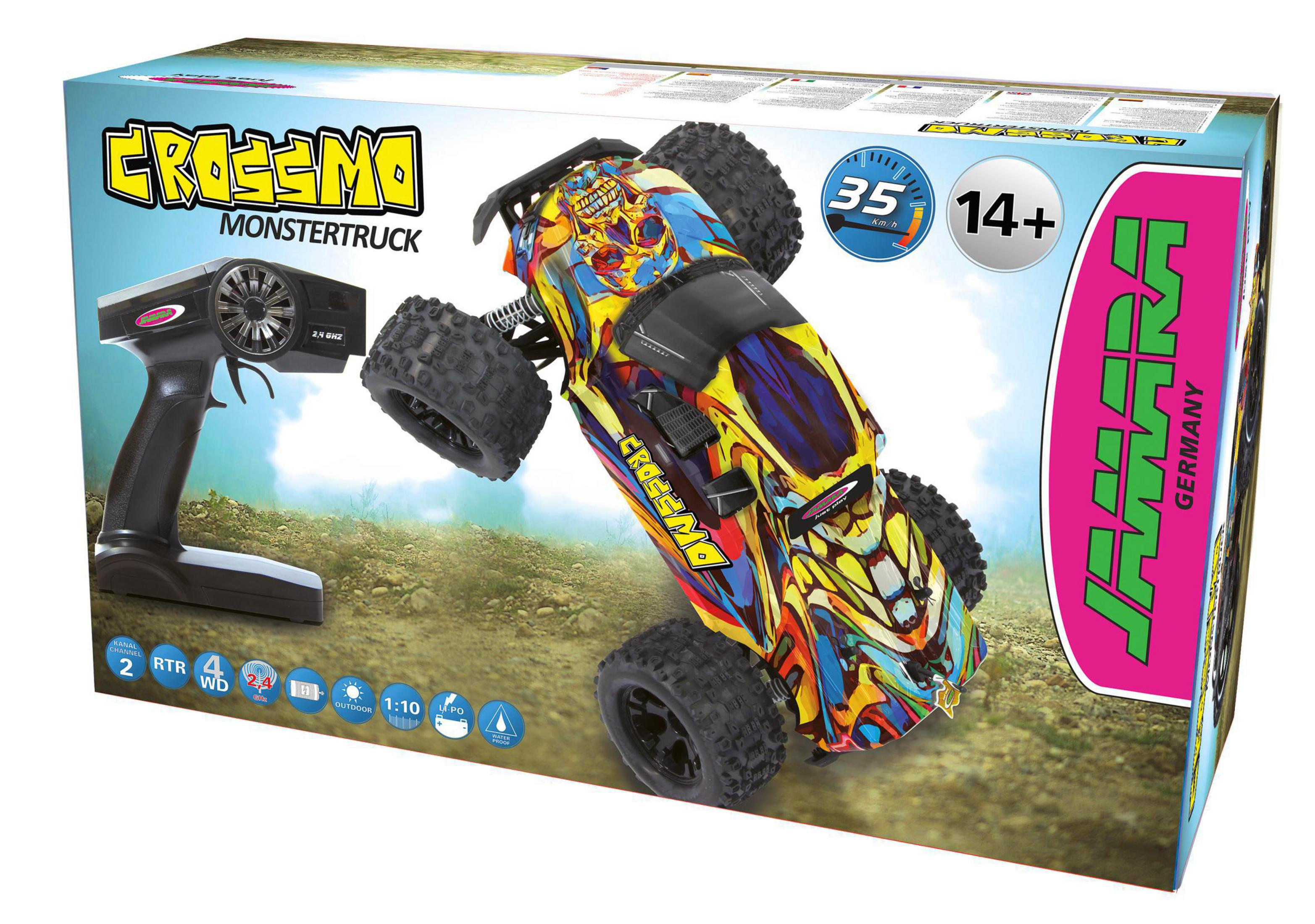 Ein Spielzeug-Monstertruck mit Fernbedienung auf einer Box mit grünem und pinkfarbenem Hintergrund.