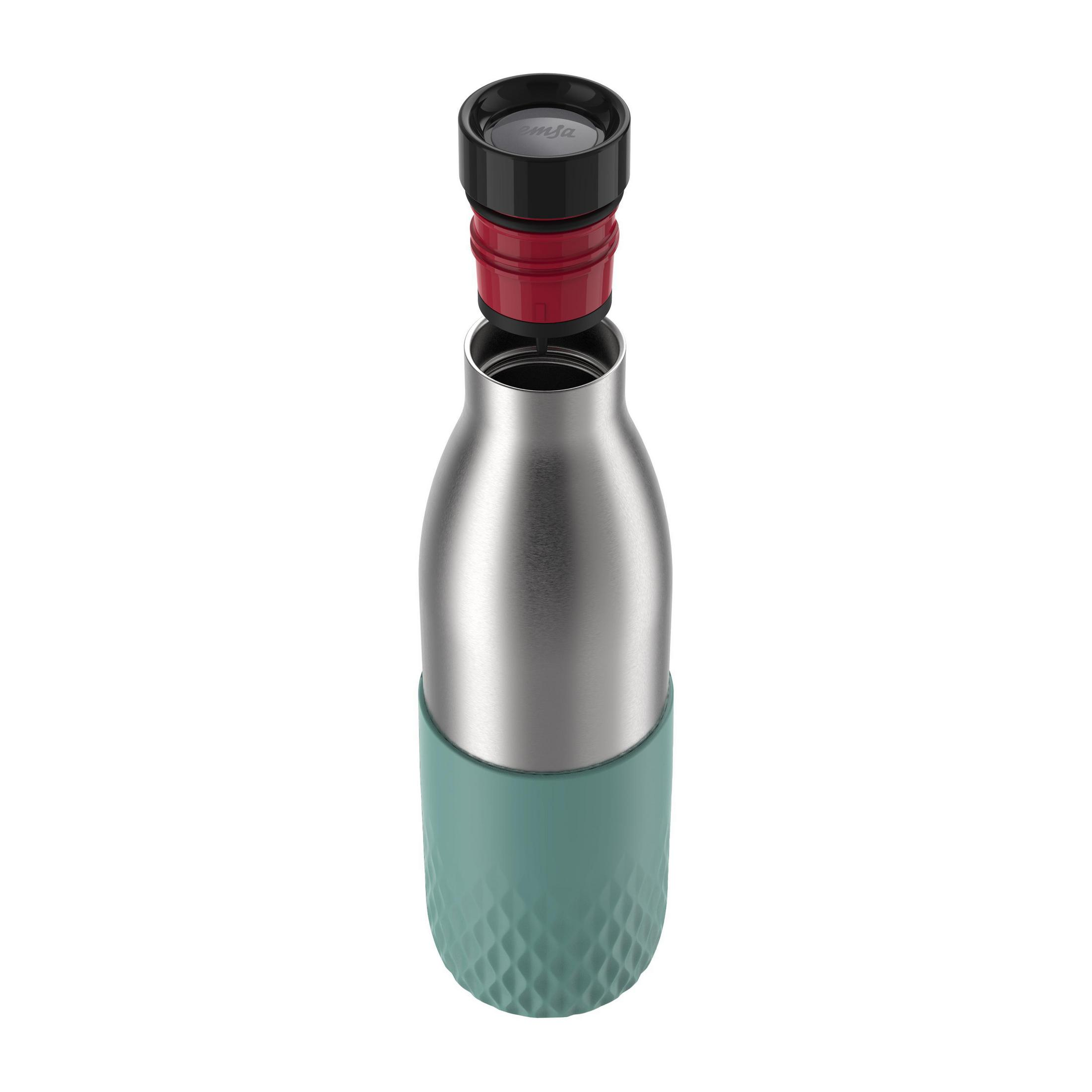 Edelstahl-Wasserflasche mit türkisblauem Boden und schwarz-rotem Deckel.