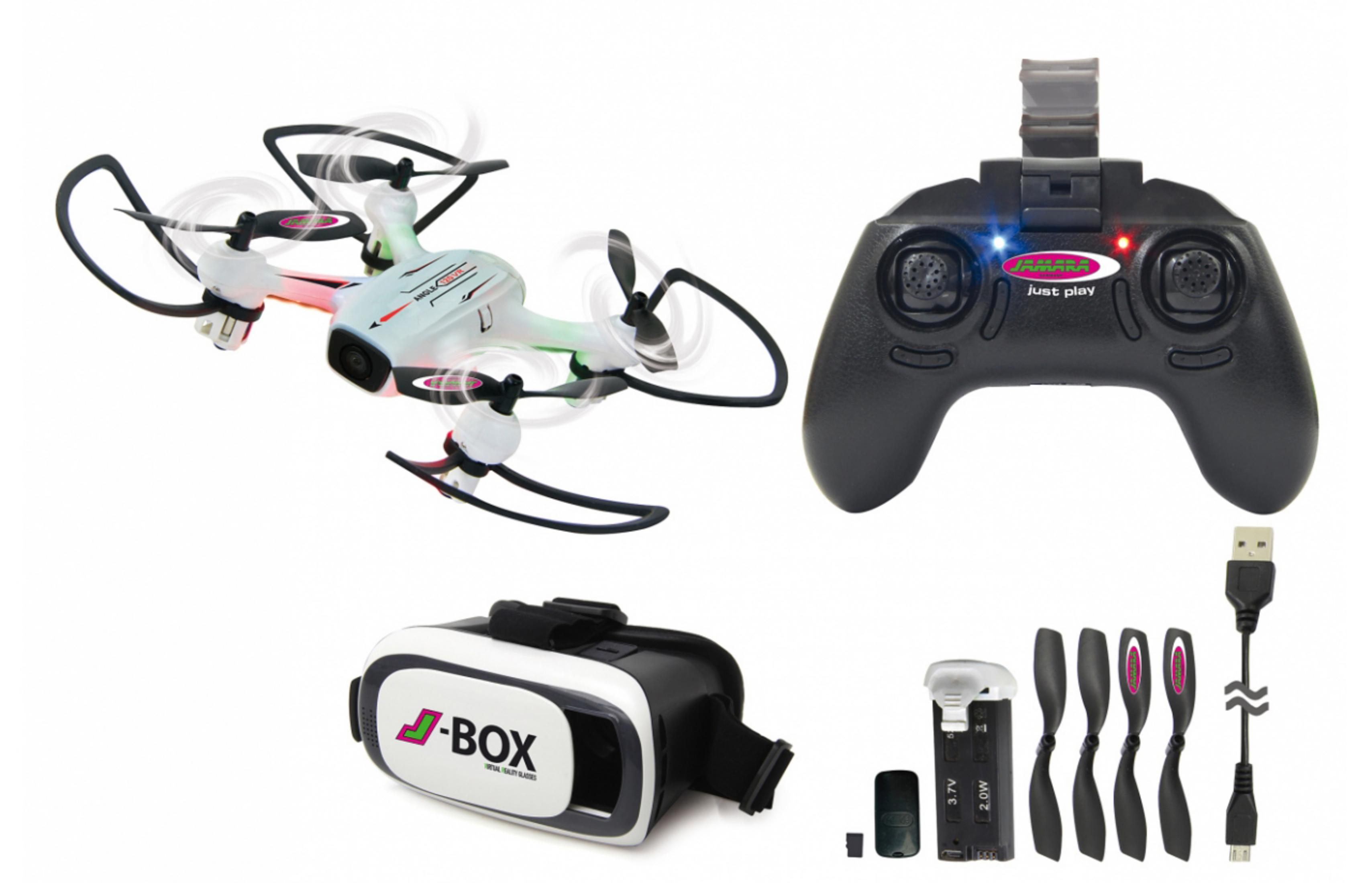 Drohne mit Fernbedienung, VR-Headset, Akku und Zubehör auf weißem Hintergrund.