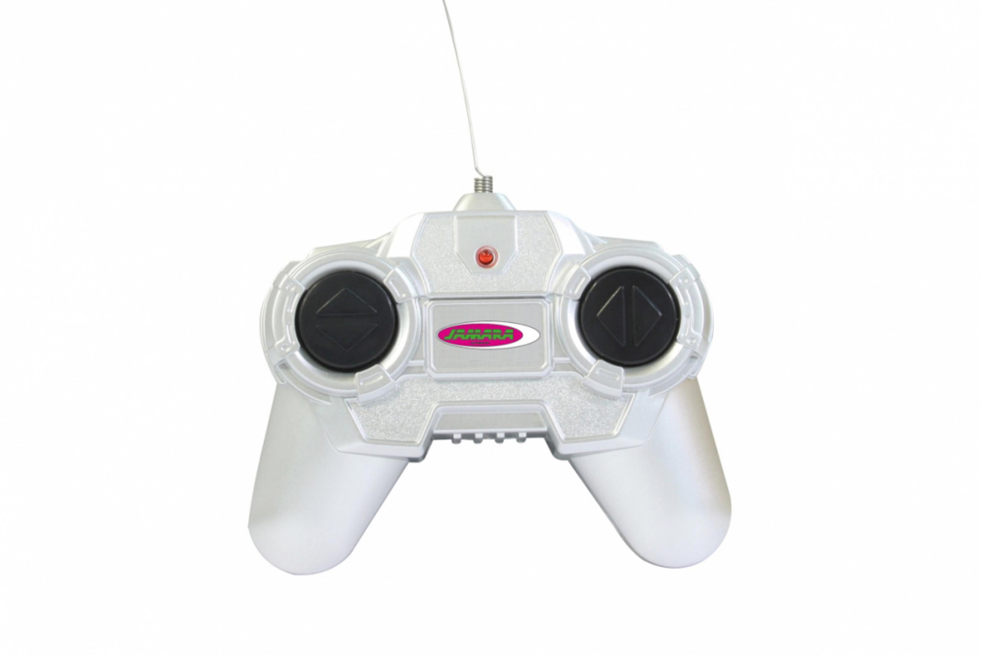 Srebrny pilot z przyciskami. Ma różowe logo.