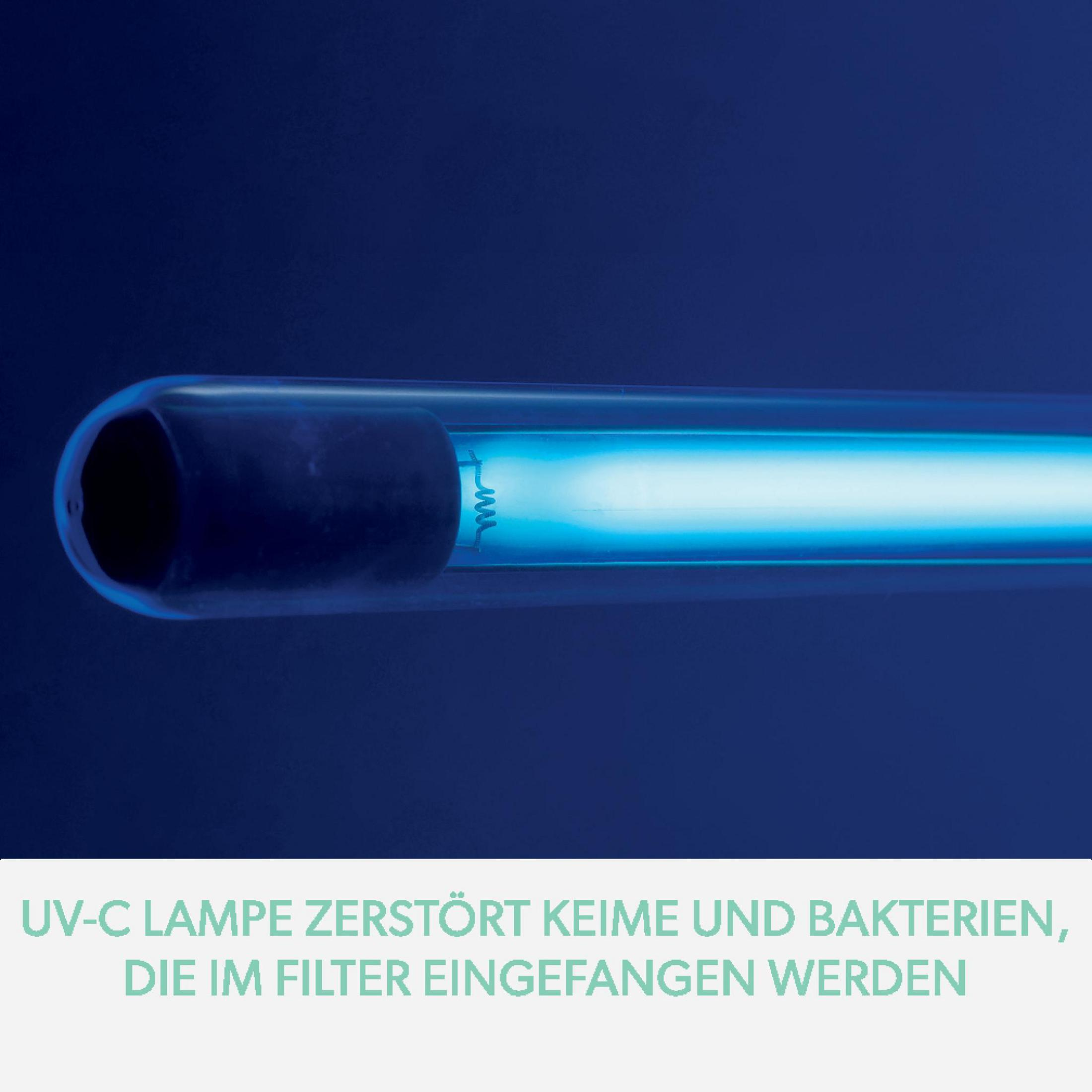 Lampa UV-C w tubie na ciemnoniebieskim tle. Tekst: Lampa UV-C niszczy zarazki i bakterie.