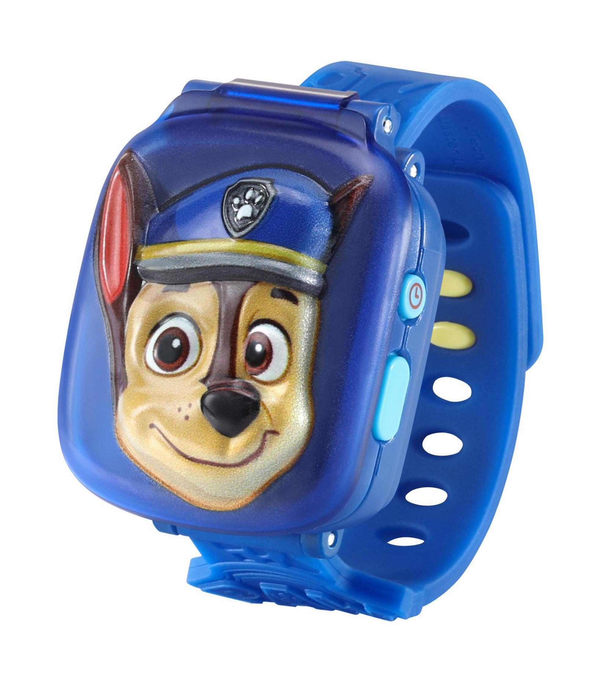 Eine blaue Paw Patrol Chase Smartwatch mit Chase-Charakter auf dem Bildschirm, auf weißem Hintergrund.