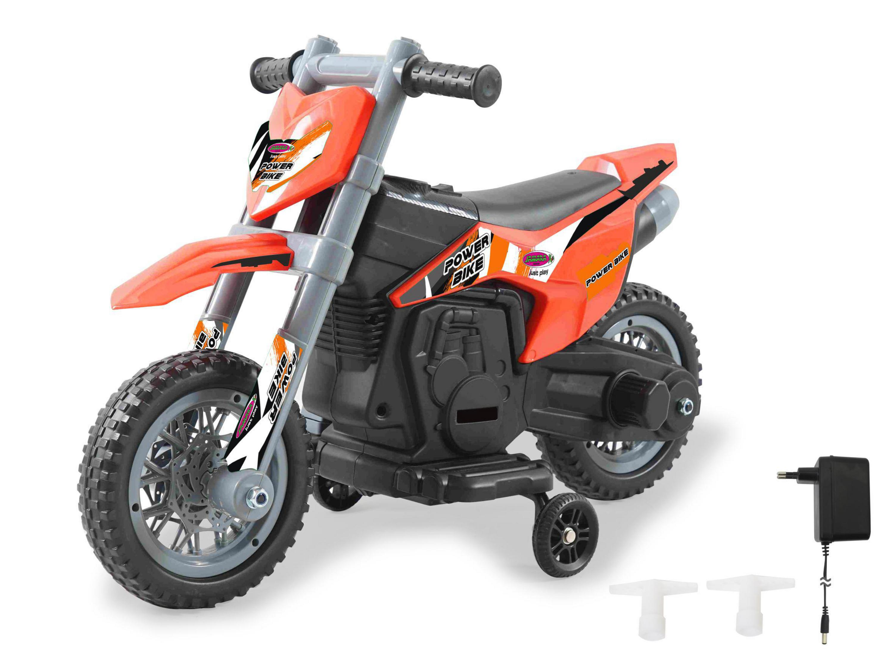 Ein orangefarbenes und schwarzes Spielzeugmotorrad mit Stützrädern und Adapter.