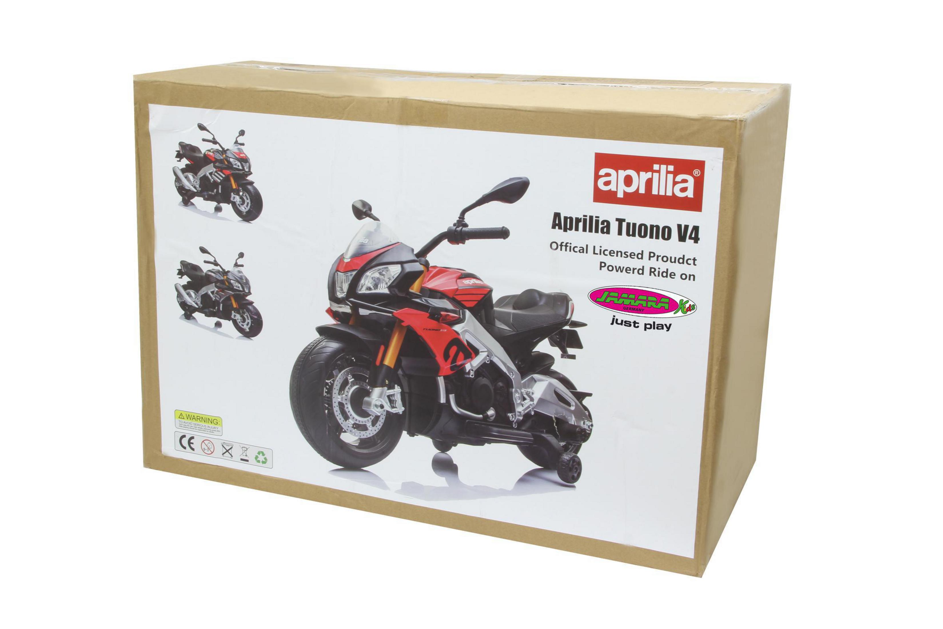 Caja con una motocicleta de juguete. Tres motocicletas más pequeñas a un lado.