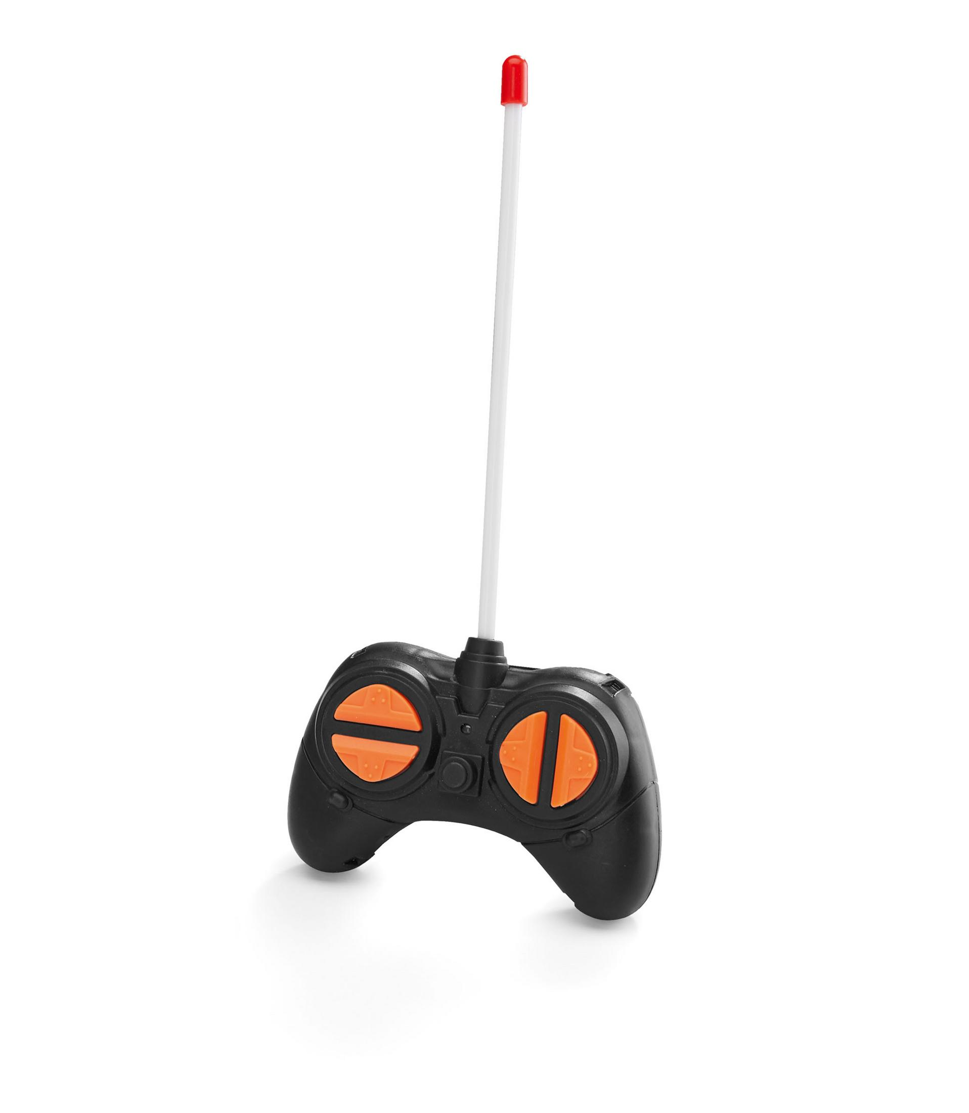 Eine schwarze Fernbedienung mit orangefarbenen Knöpfen und einer roten Antenne auf weißem Grund.