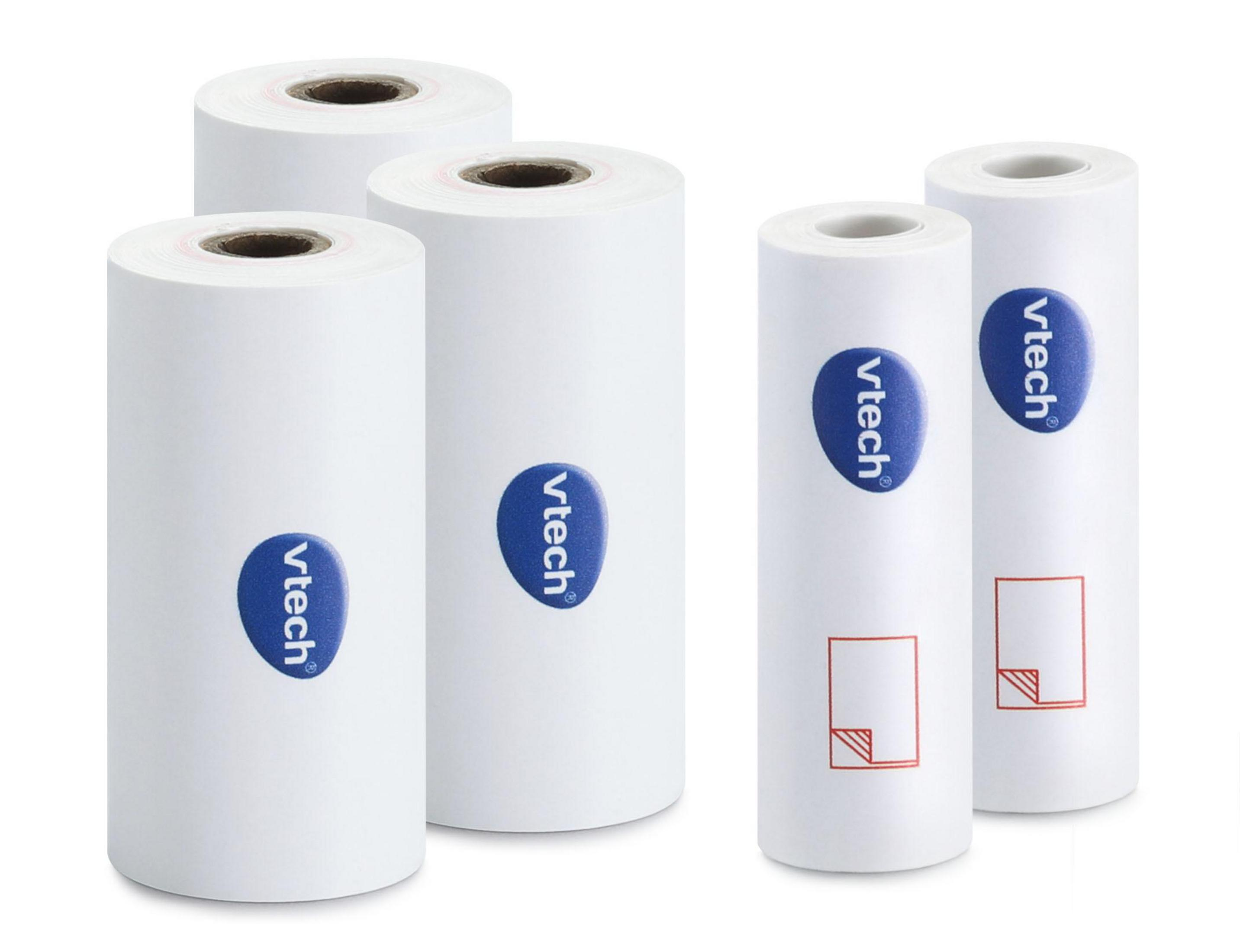 Mehrere Rollen weißes Papier. Sie haben ein blaues Vtech-Logo.