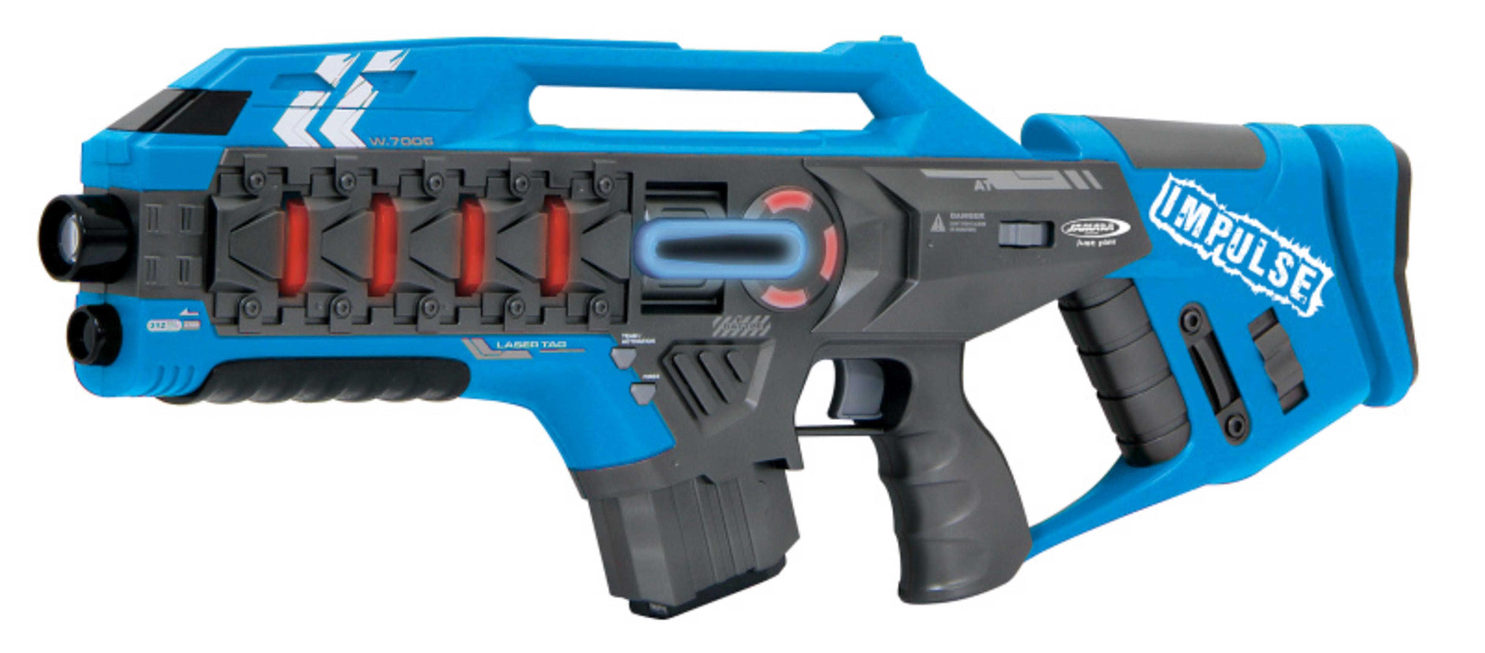 Blaue und graue Laser-Tag-Pistole mit roten Akzenten und dem Wort 'IMPULSE'.
