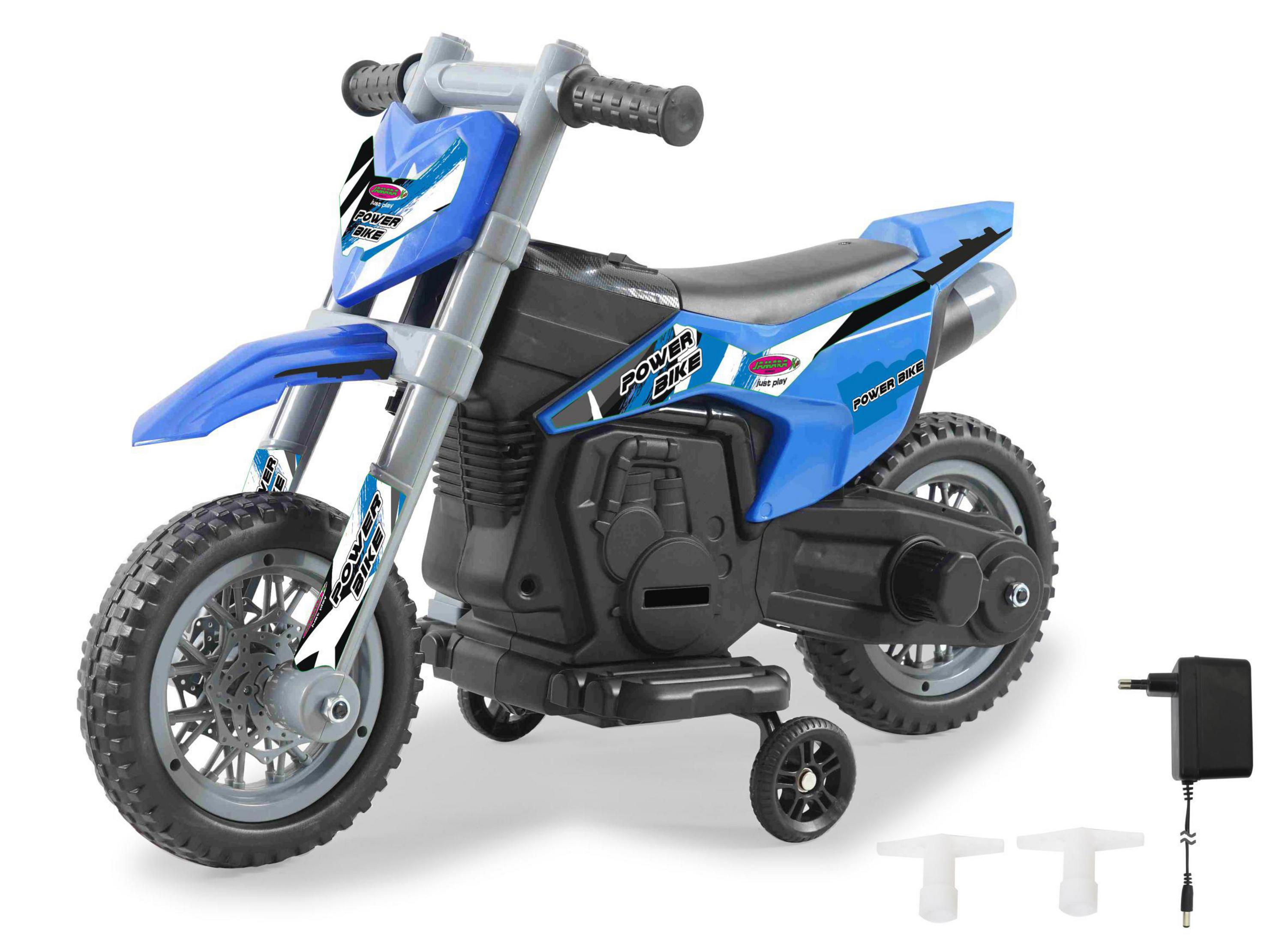 Ein blaues Spielzeugmotorrad mit Stützrädern und einem Ladegerät. Schwarzer Körper mit weißen Akzenten.