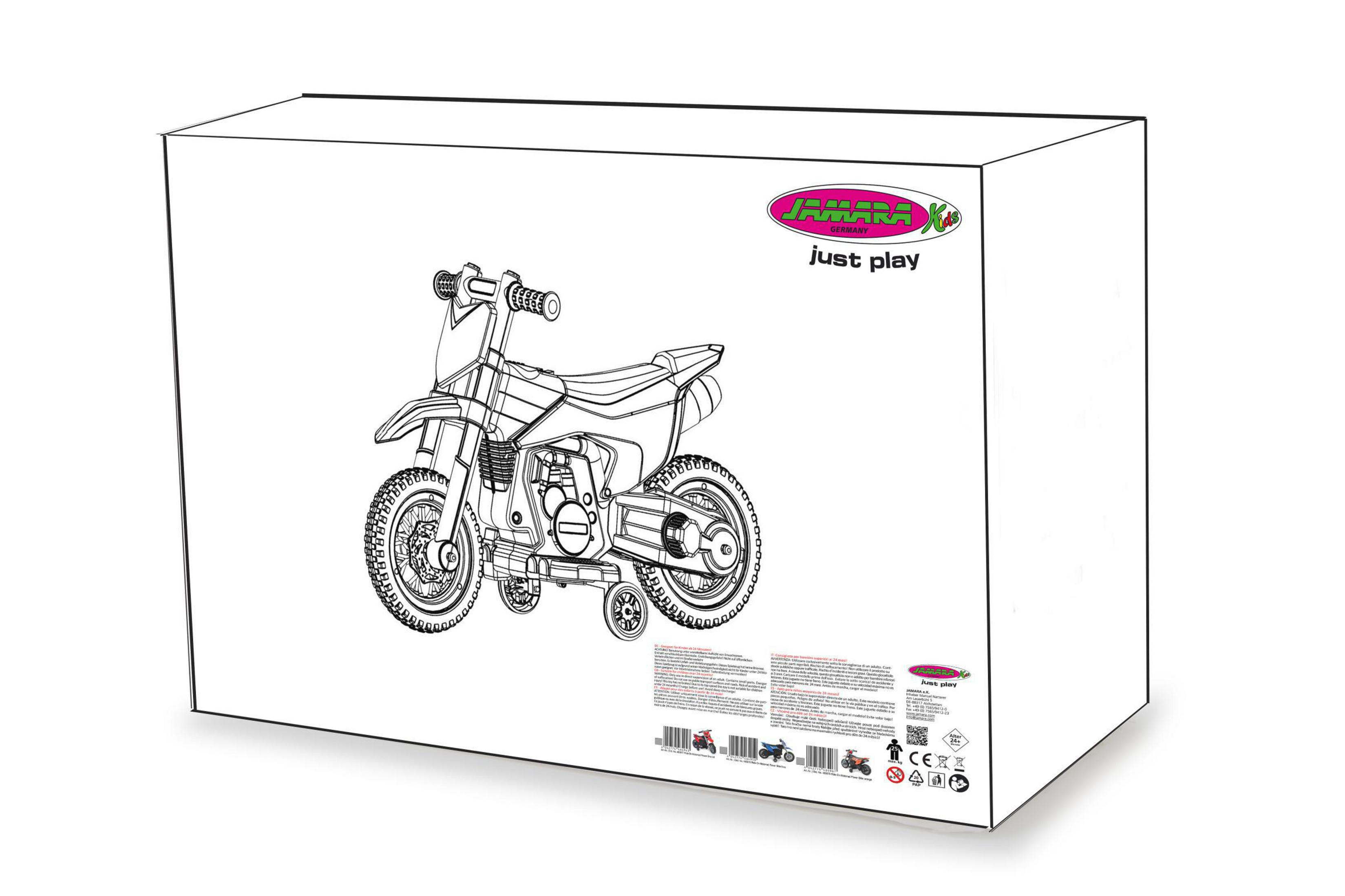 Ein Spielzeugmotorrad in einer Box. Die Box hat eine Skizze des Motorrads darauf.