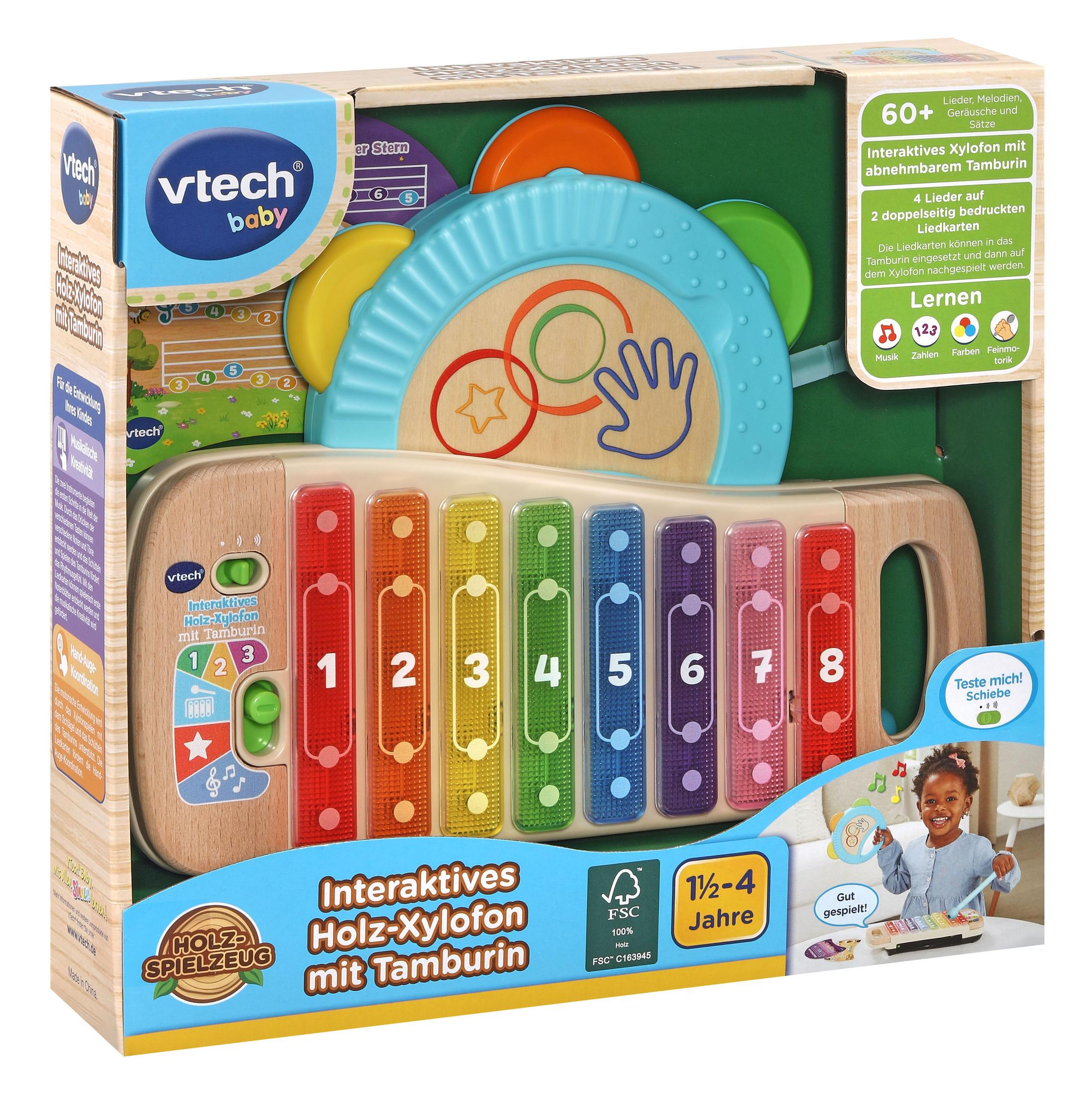 Ein Holz-Xylophon-Spielzeug mit farbigen Tasten und einer blauen Trommel, mit einem Kindergesicht auf der Box.