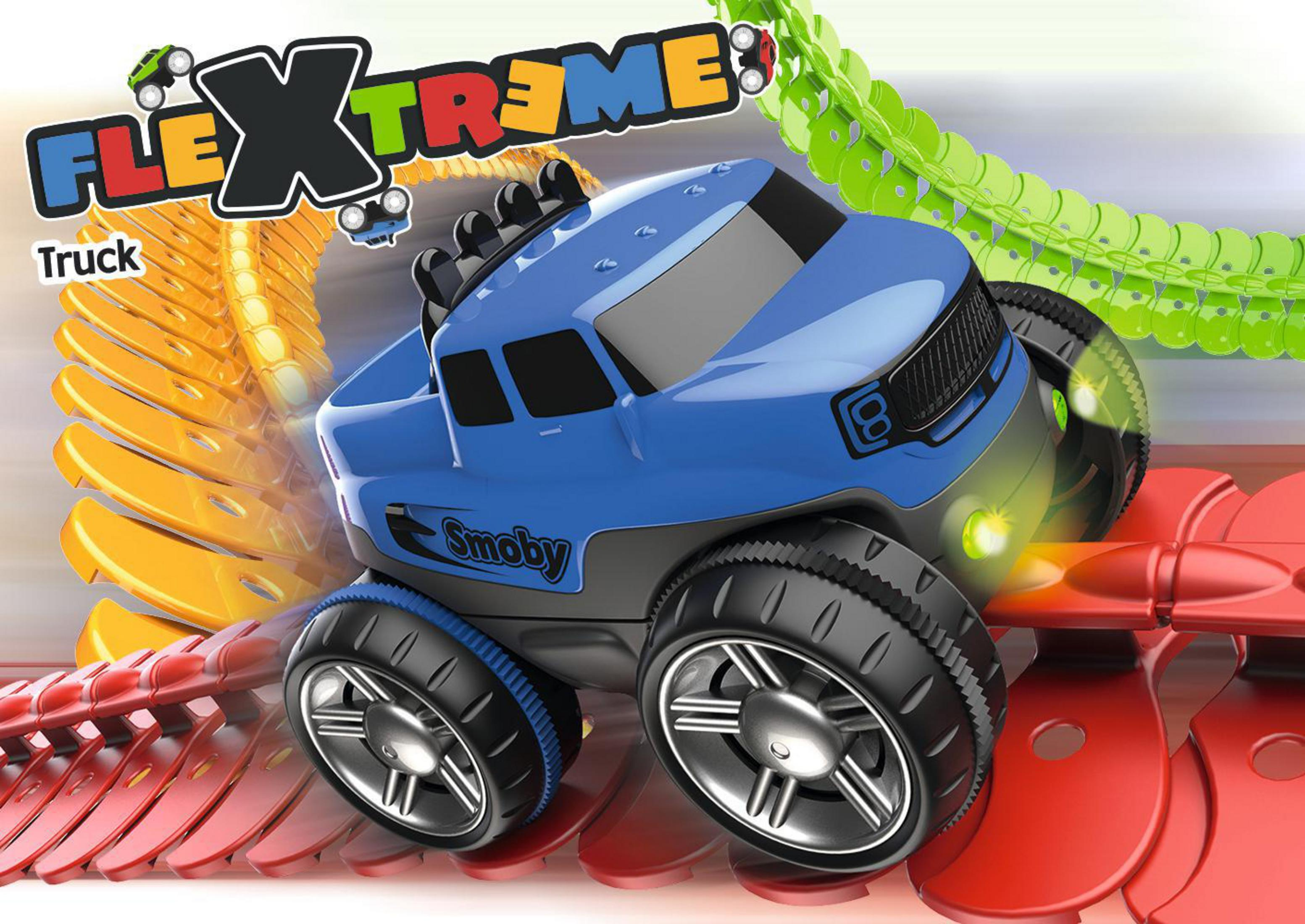 Ein blauer Spielzeug-Truck mit dem Wort Flextreme oben.