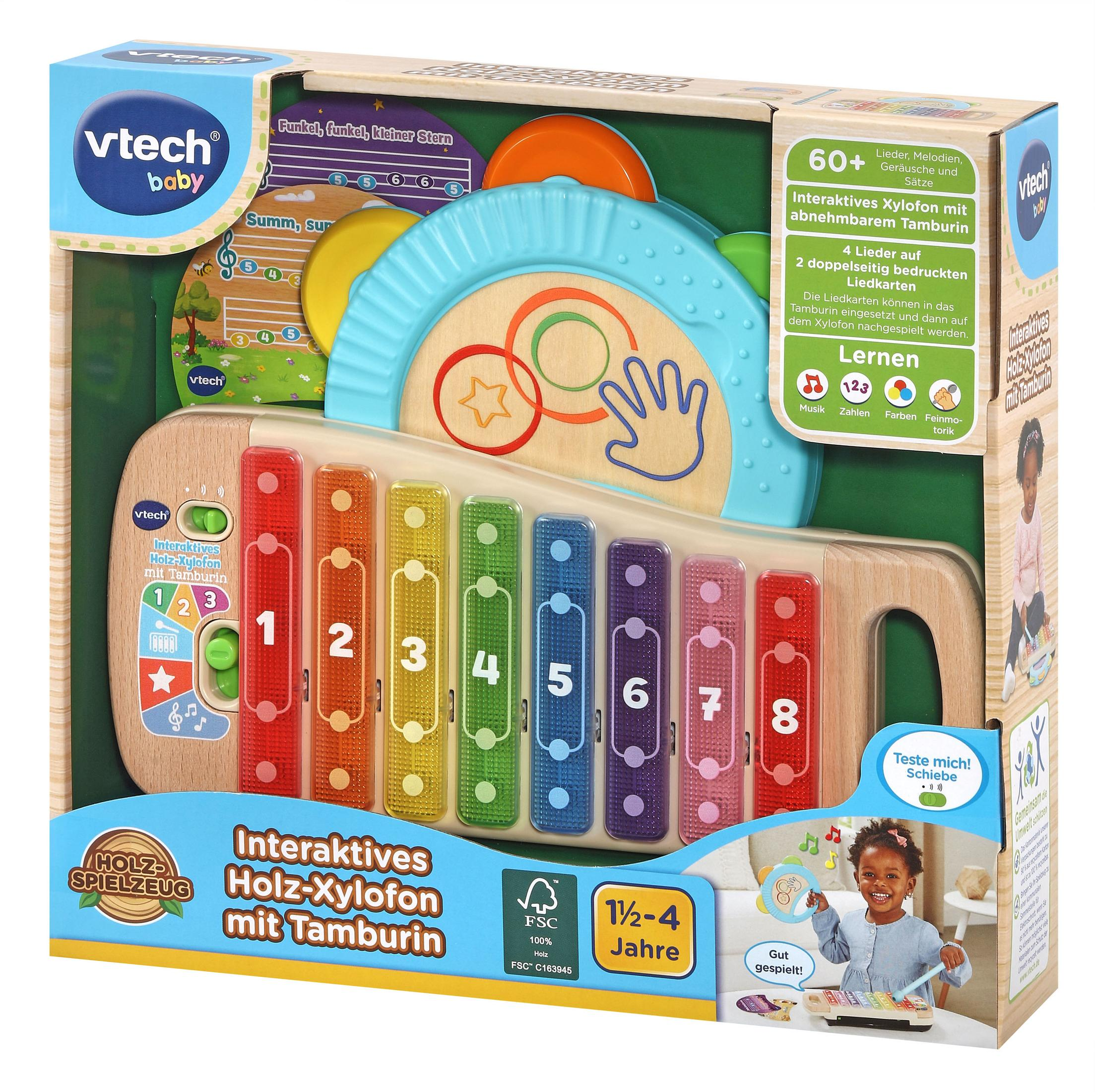 Ein Holz-Xylophon-Spielzeug mit farbigen Tasten. Box zeigt spielendes Kind, mit Noten. Weißer Hintergrund.