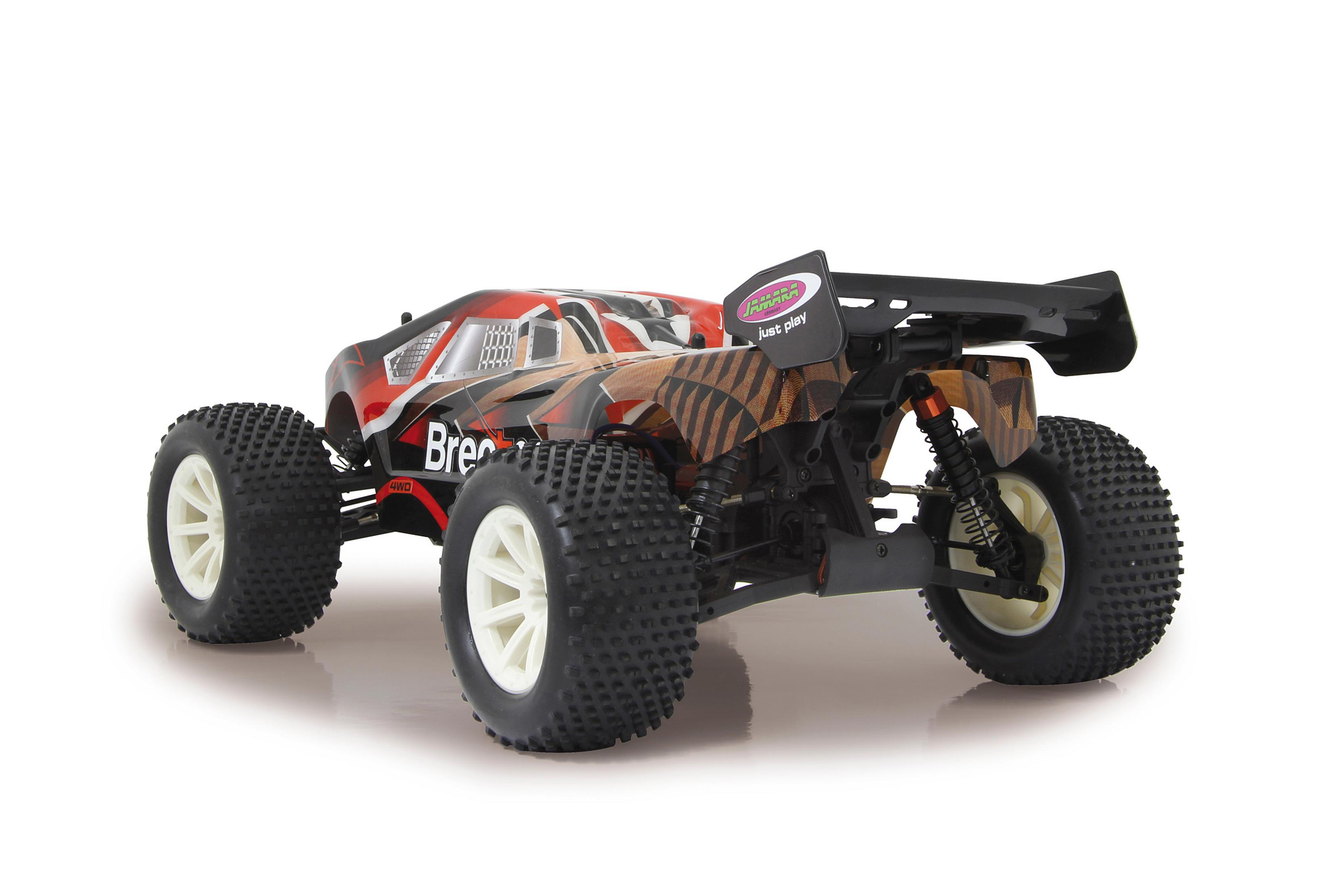 Ein rotes, schwarzes und braunes RC-Auto auf weißer Oberfläche.
