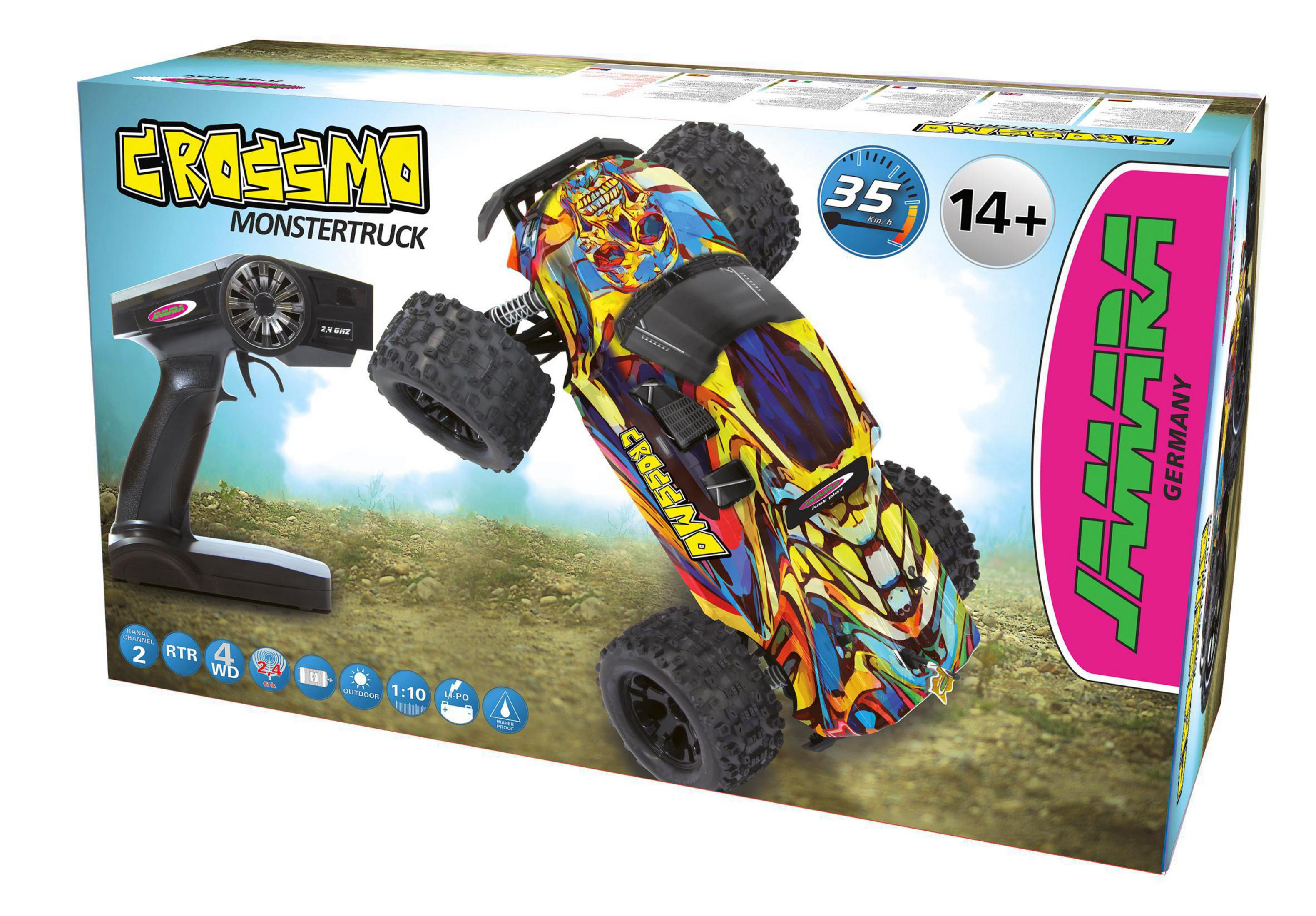Ein Spielzeug-Monstertruck auf einer Box. Die Box hat ein grünes und pinkfarbenes Design und eine Fernbedienung.