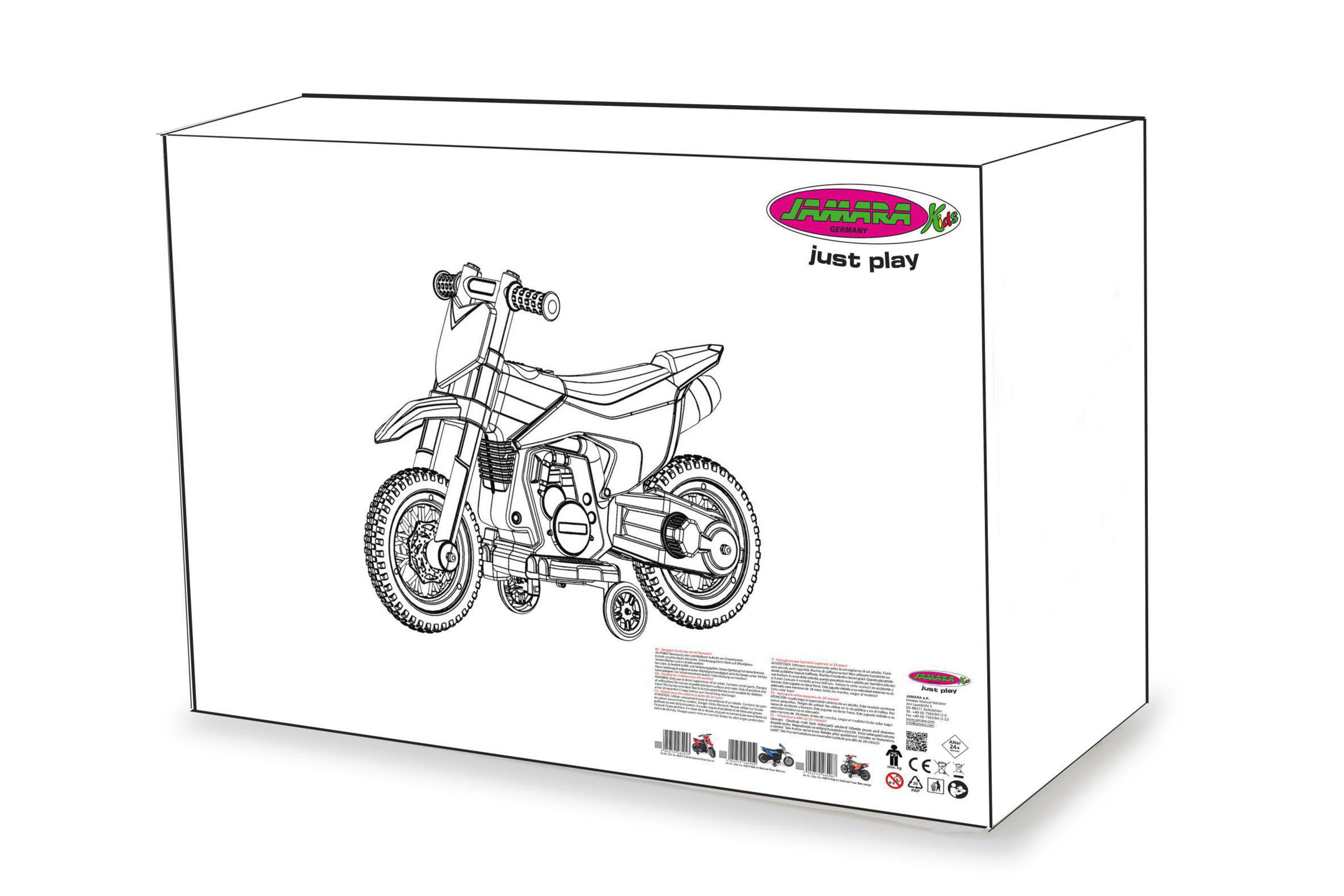Weißer Karton mit Motorradumriss. 'Jamara' und 'Just play' sind darauf geschrieben.
