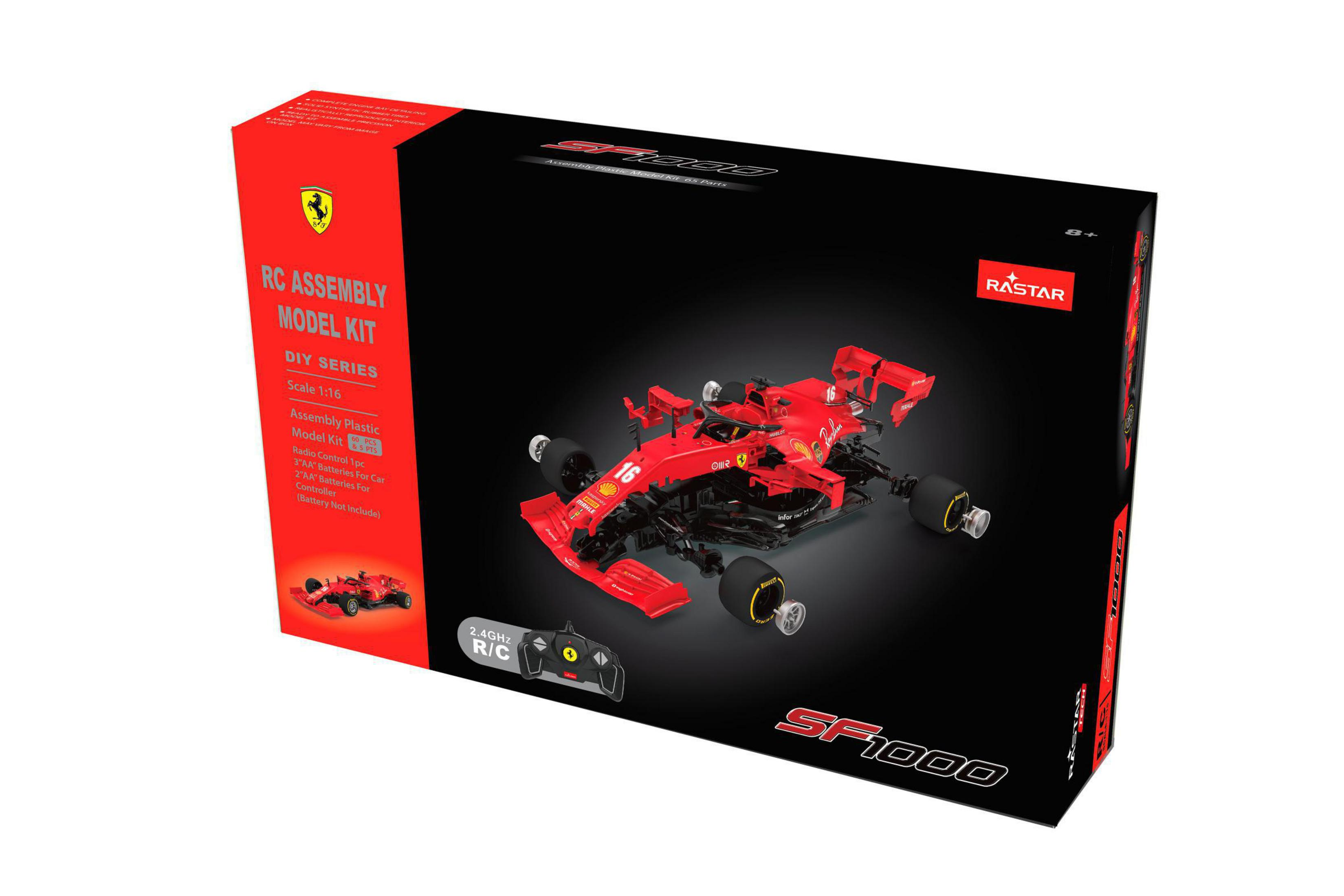 Eine rote Ferrari RC Modellbausatzbox mit einem Automodell darin.
