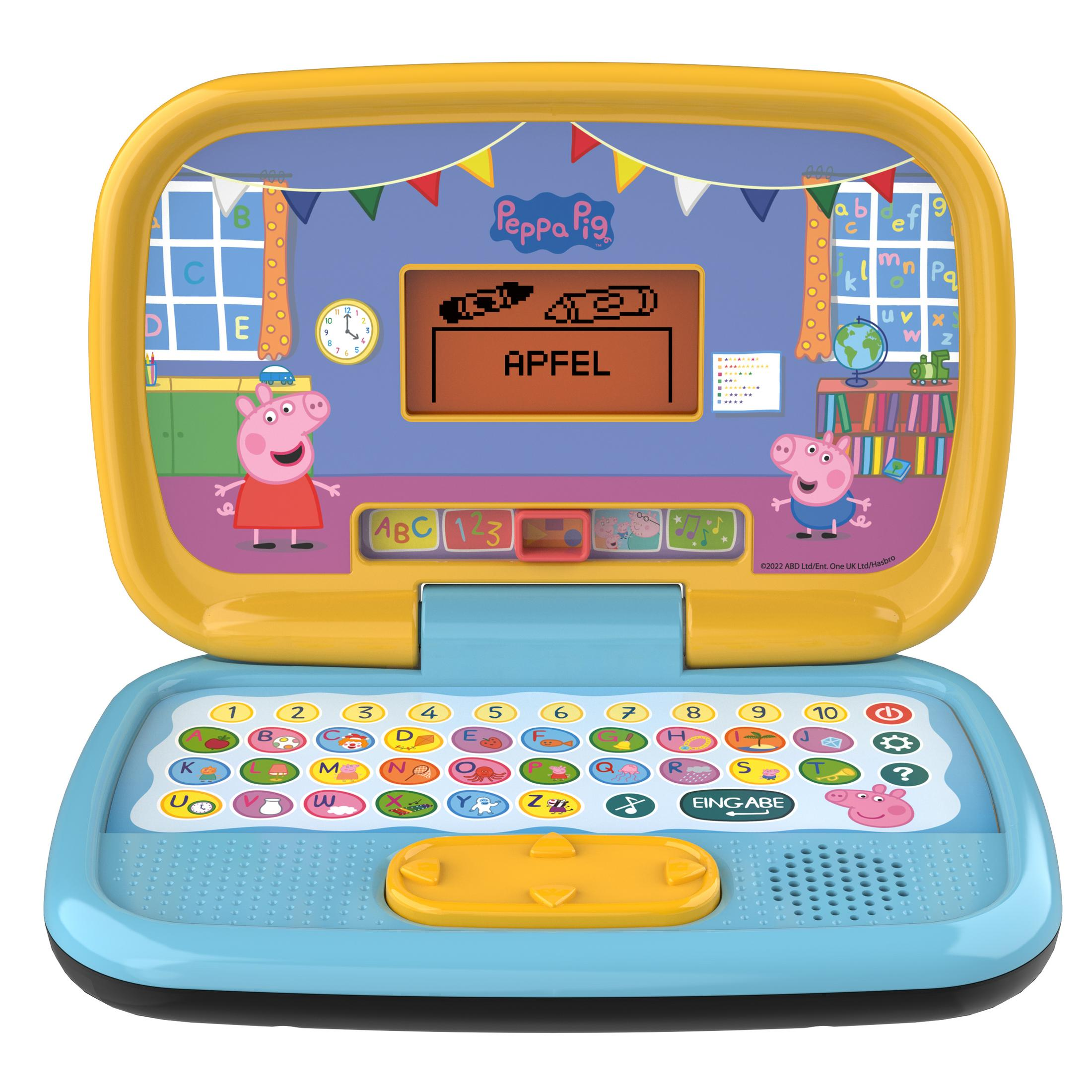 Ein Peppa Wutz Laptop-Spielzeug, das das Wort 'APFEL' anzeigt.