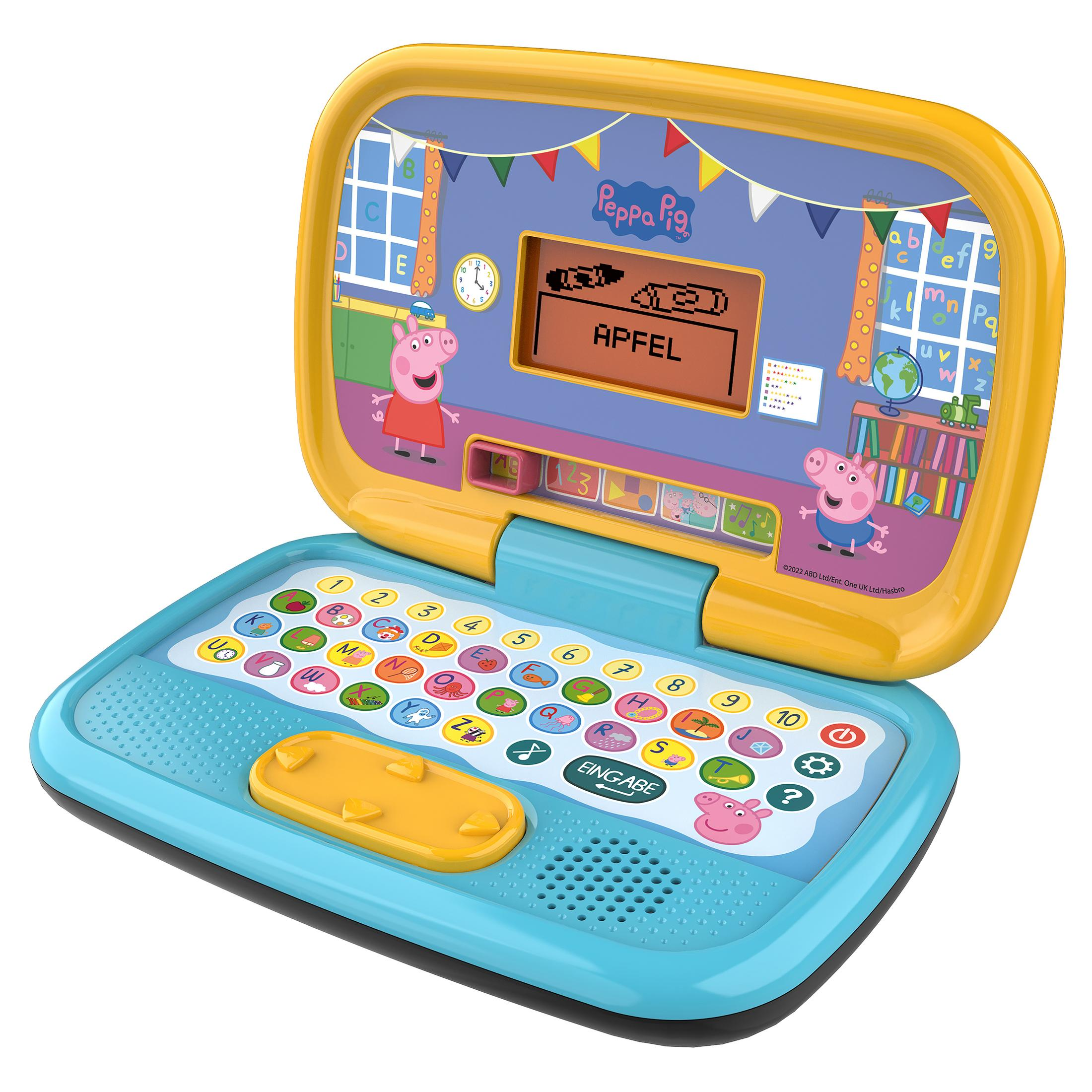 Ein blau-gelber Spielzeug-Laptop mit Peppa Wutz Grafik. Der Bildschirm zeigt das Wort 'Apfel'.