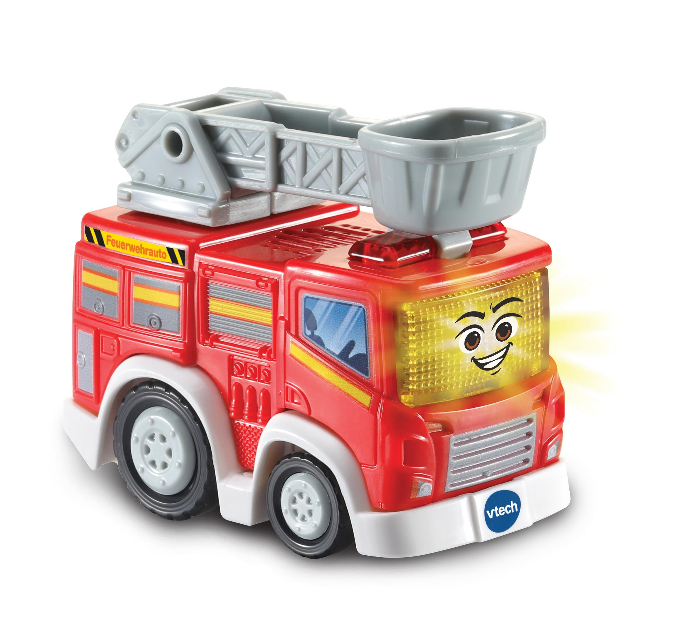 Roter Spielzeug-Feuerwehrwagen mit Leiter und einem lächelnden Gesicht.