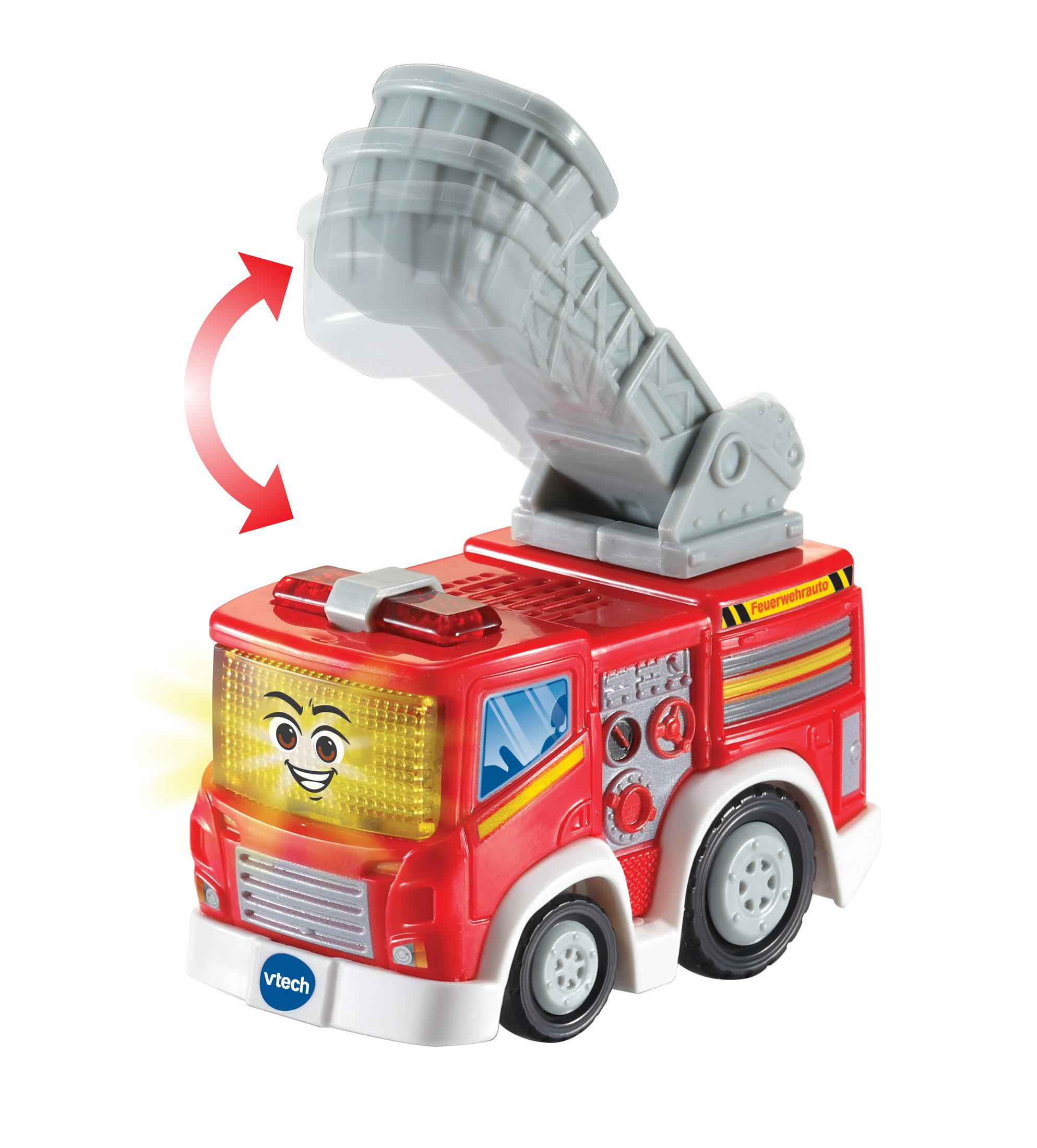 Ein rotes Spielzeug-Feuerwehrfahrzeug mit drehbarer Leiter und lächelndem Gesicht.