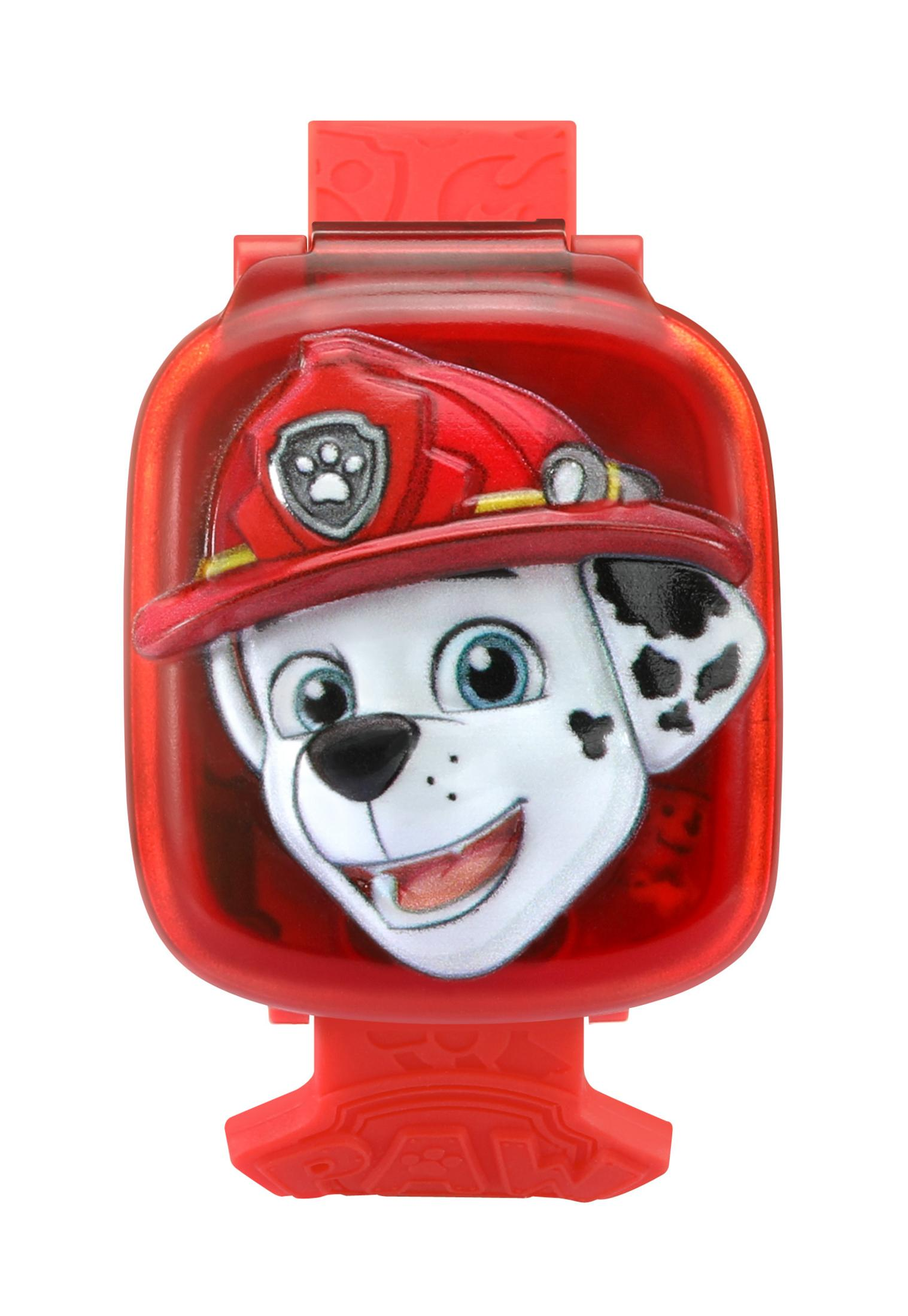 Rote Paw Patrol Uhr mit Marshalls Gesicht. Das Zifferblatt zeigt Marshalls Gesicht in einem roten Rahmen.