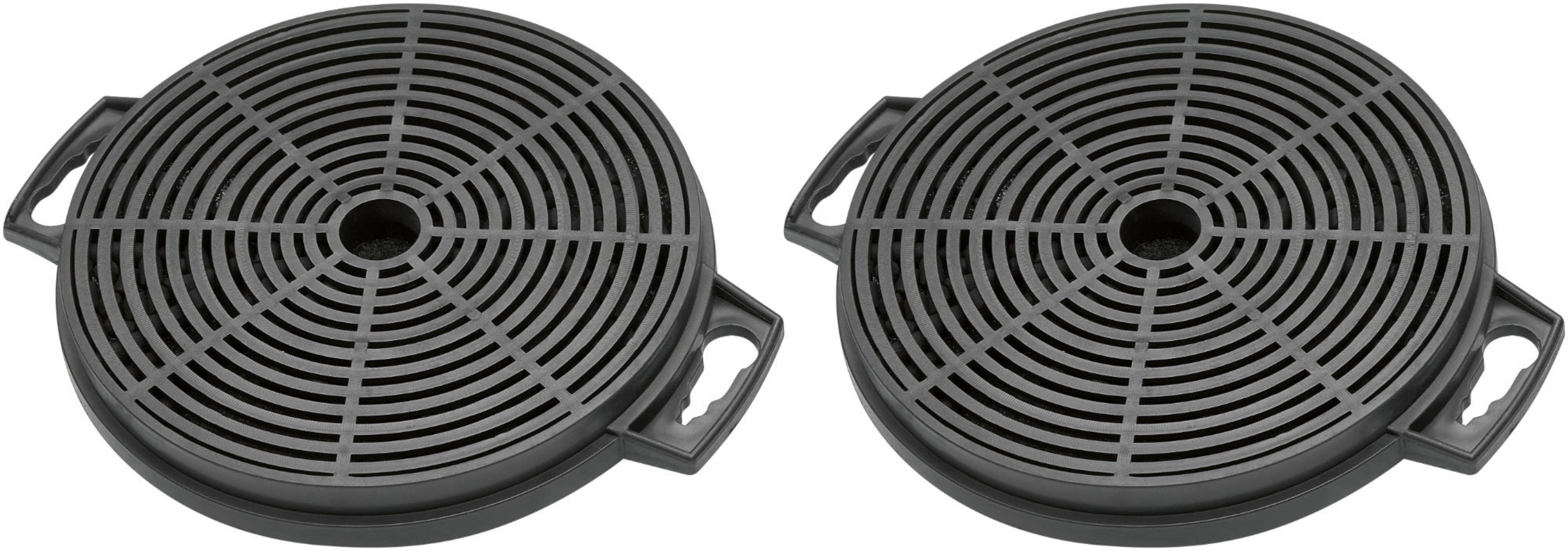 Zwei schwarze Aktivkohlefilter mit Griffen, kreisförmiges Design.