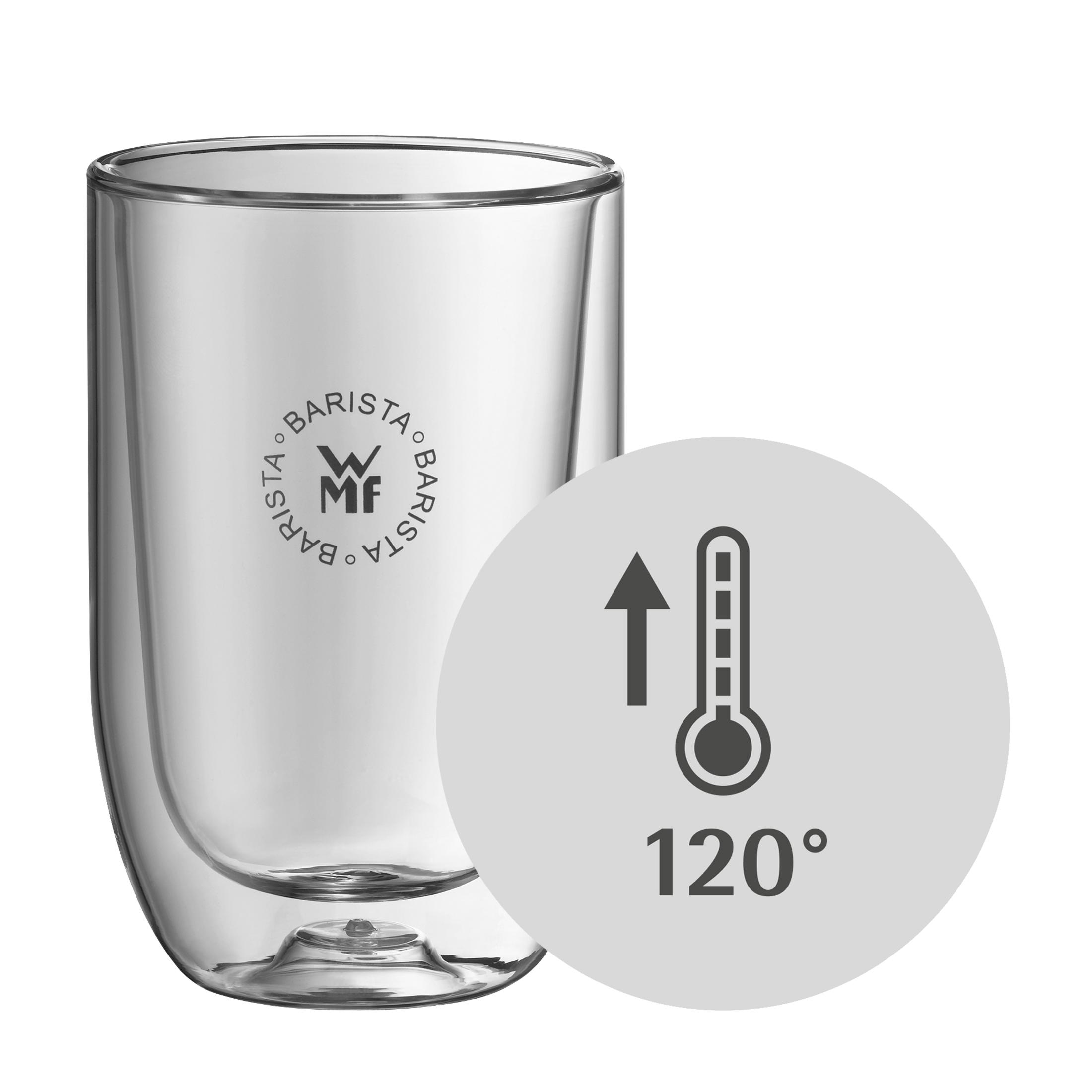 Klarer Kaffeebecher mit Temperaturanzeige 120 Grad. Weißer Hintergrund.