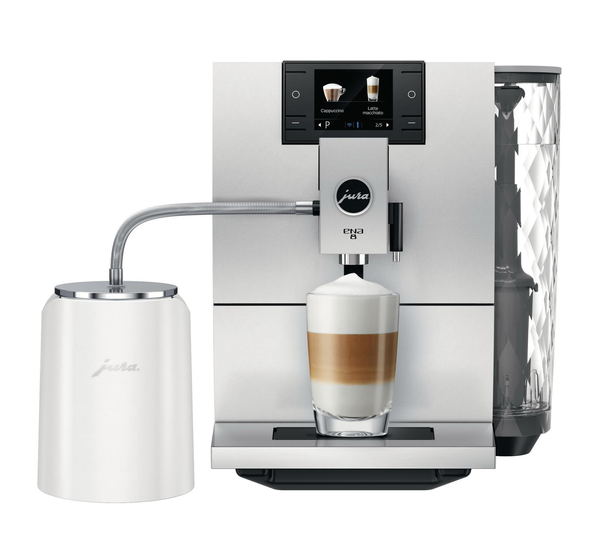Silberne Espressomaschine mit Latte, der ausgegeben wird, und weißem Milchbehälter.