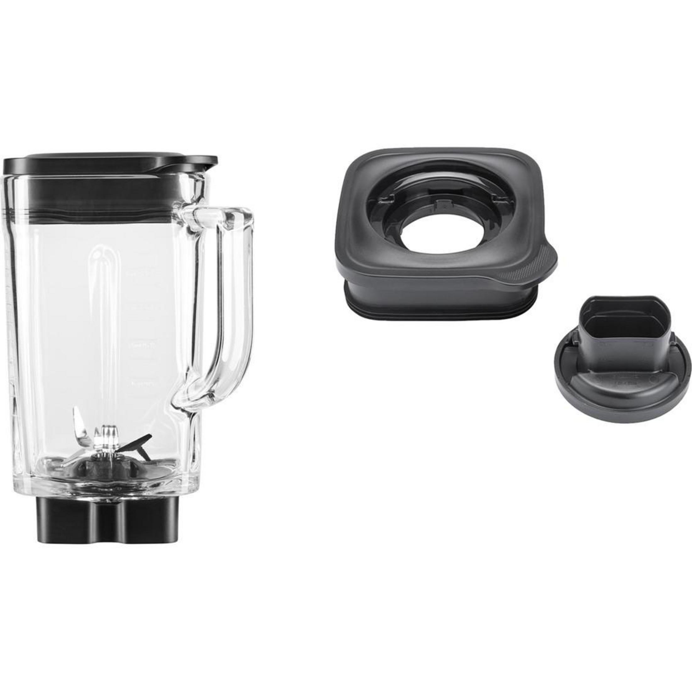 Ein Glas-Mixerbehälter mit Klingen und Deckelkomponenten.
