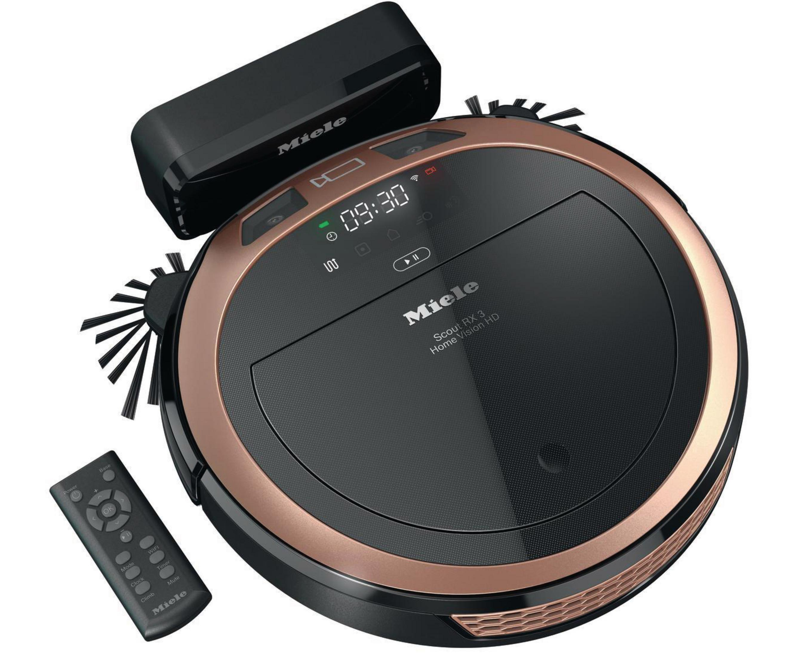 Miele Roboter-Staubsauger mit Ladestation und Fernbedienung.