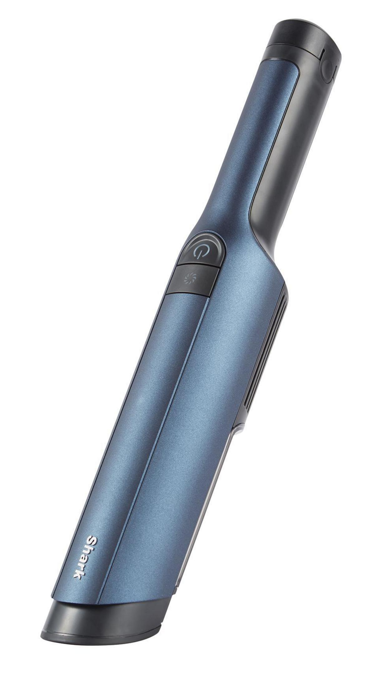 Niebiesko-czarny odkurzacz ręczny Shark, ustawiony pod kątem na białej powierzchni.