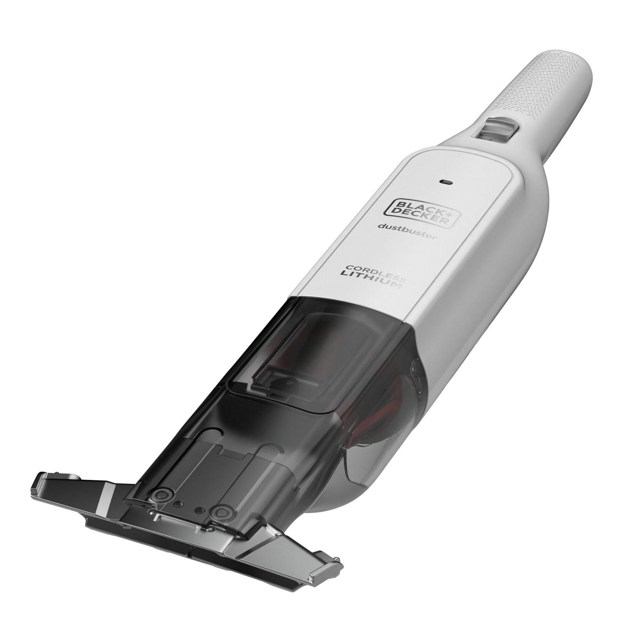 Un aspirapolvere Black+Decker Dustbuster bianco e grigio su sfondo bianco.