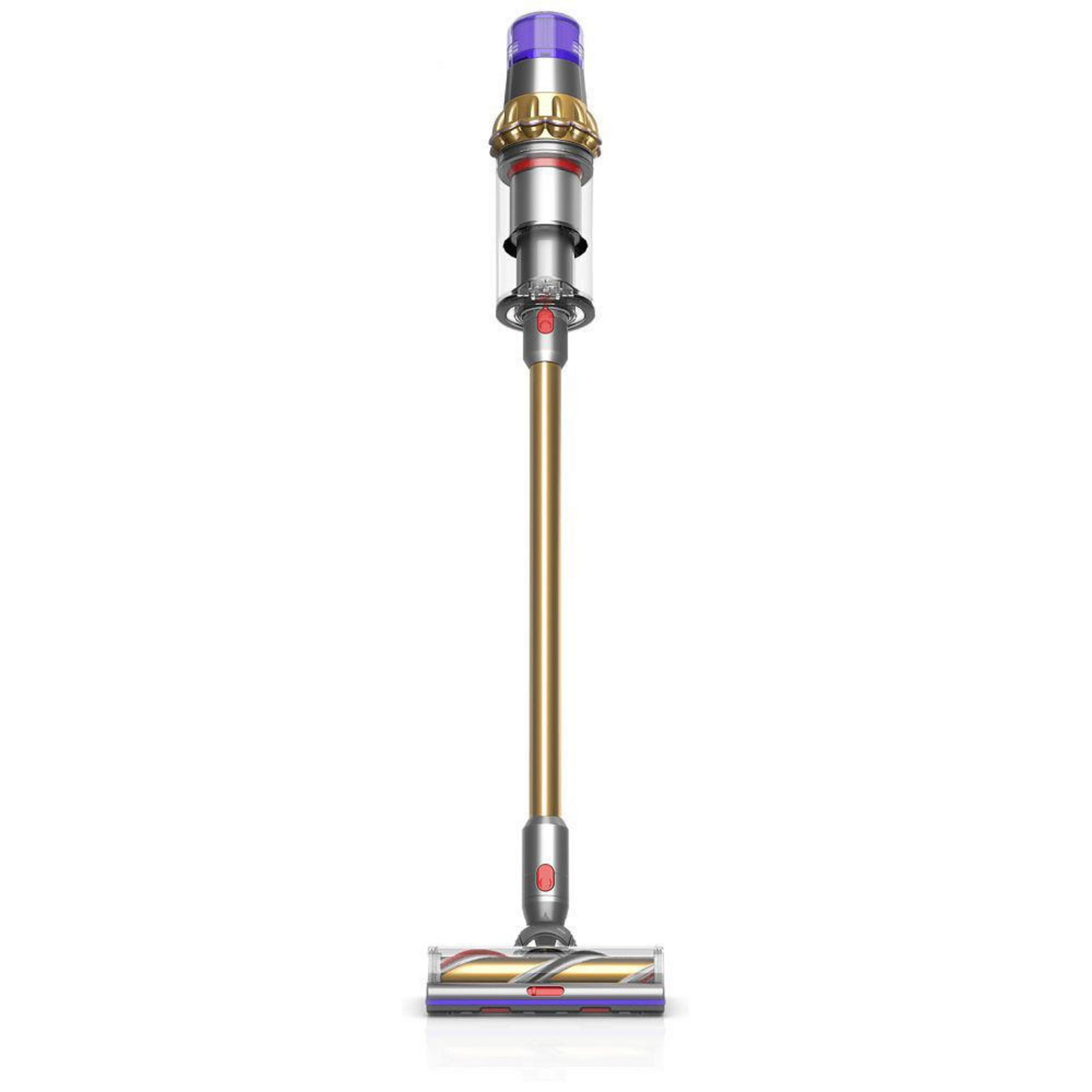 Dyson Akku-Staubsauger, gold und grau, aufrecht stehend auf weißem Hintergrund.