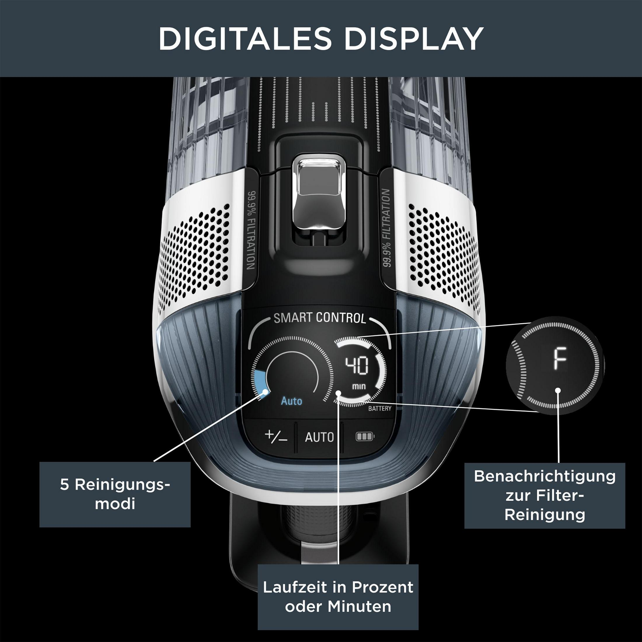 Nahaufnahme des Staubsaugerdisplays mit Einstellungen und Akkulaufzeit. Schwarzer Hintergrund.