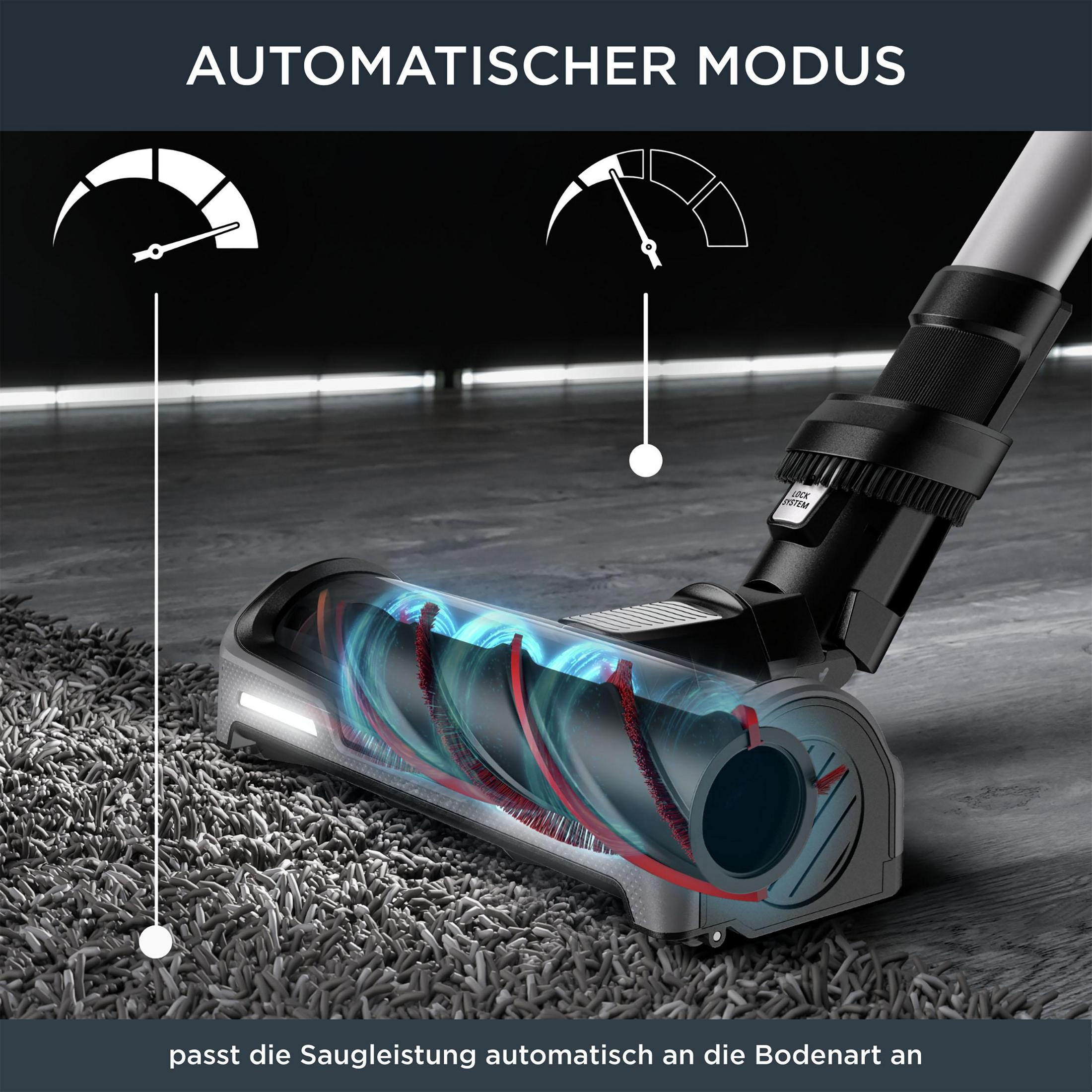 Nahaufnahme eines Staubsaugerkopfes auf einem Teppich. Das Bild zeigt die automatische Saugkraftanpassung.
