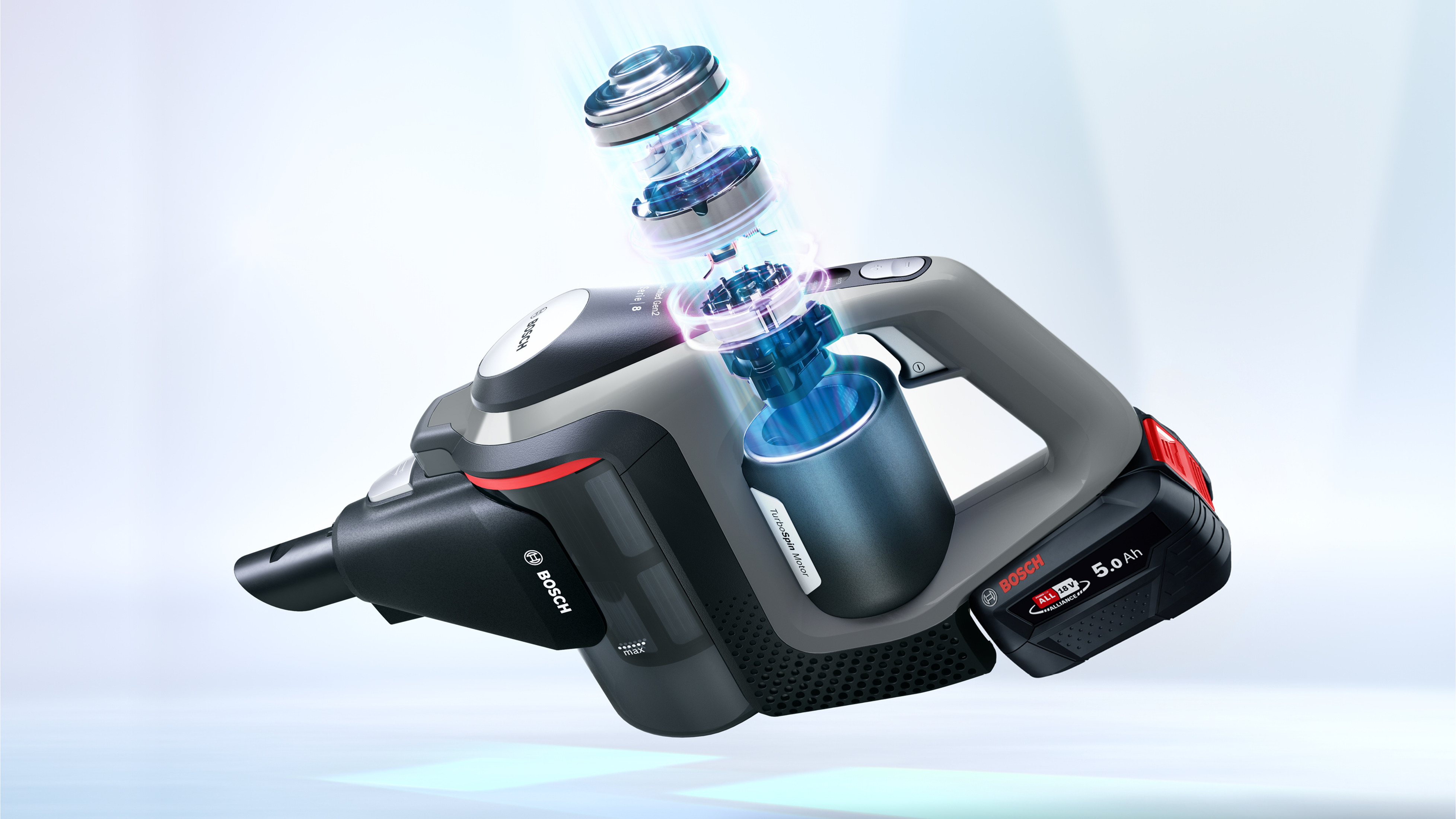 Ein kabelloser Bosch-Staubsauger mit zerlegtem Motor und Akku. Blaue Details sichtbar.