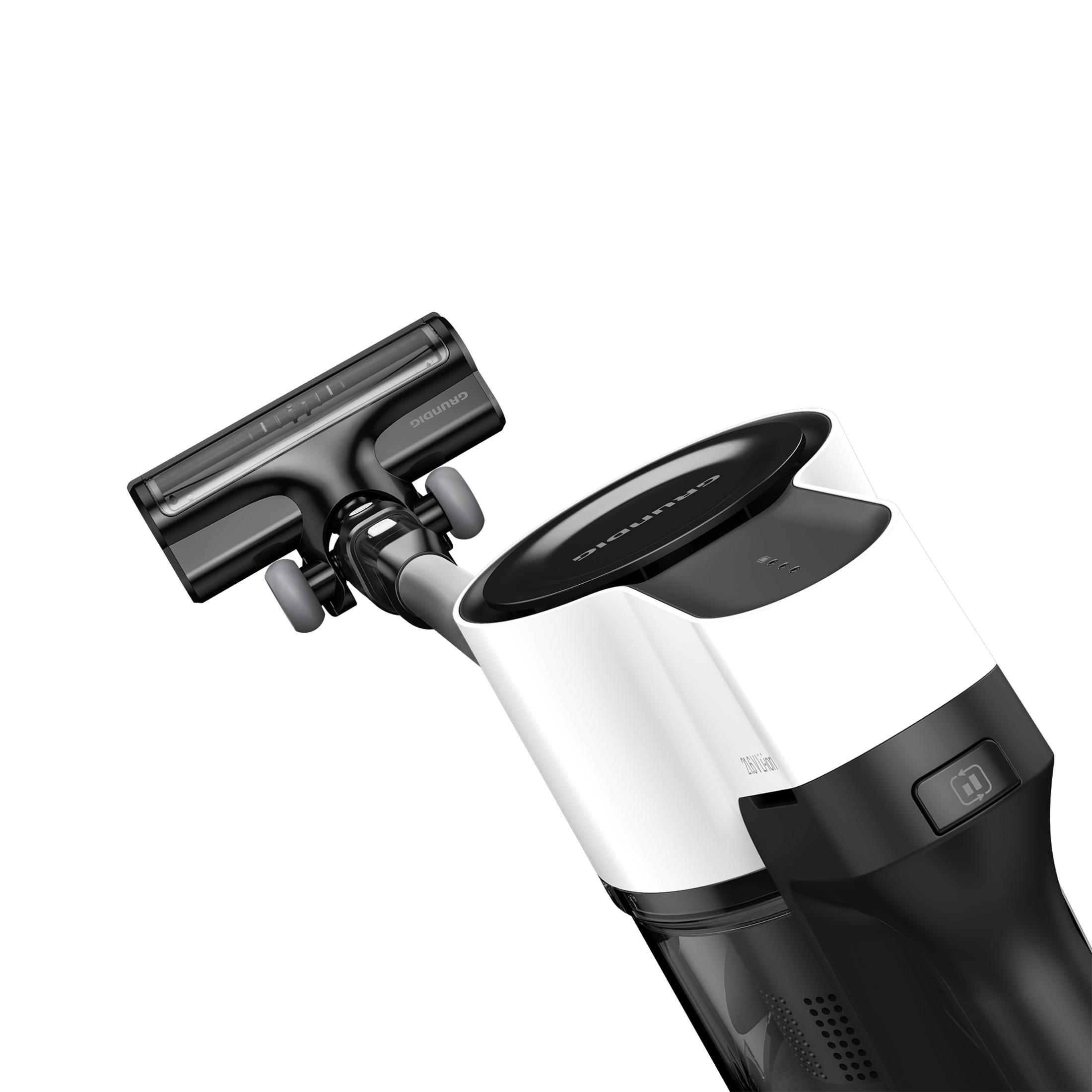 Aspiradora con diseño blanco y negro. El cabezal es negro. La marca es GRUNDIG.