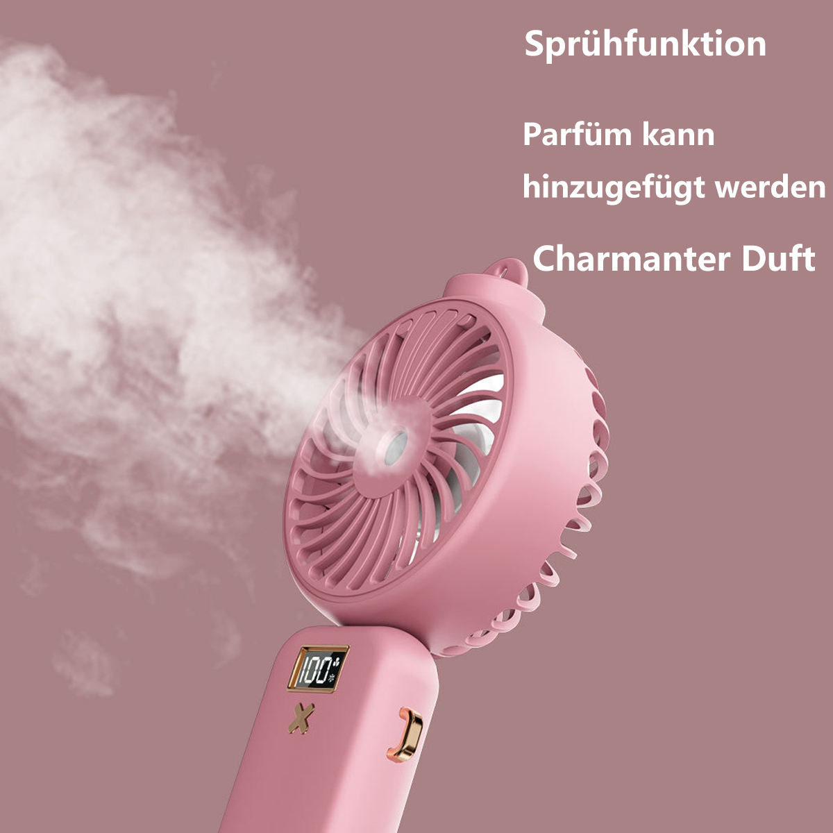 Rosa Handventilator mit Digitalanzeige, der Dampf abgibt. Text: Sprühfunktion, Parfum kann hinzugefügt werden, Charmanter Duft.